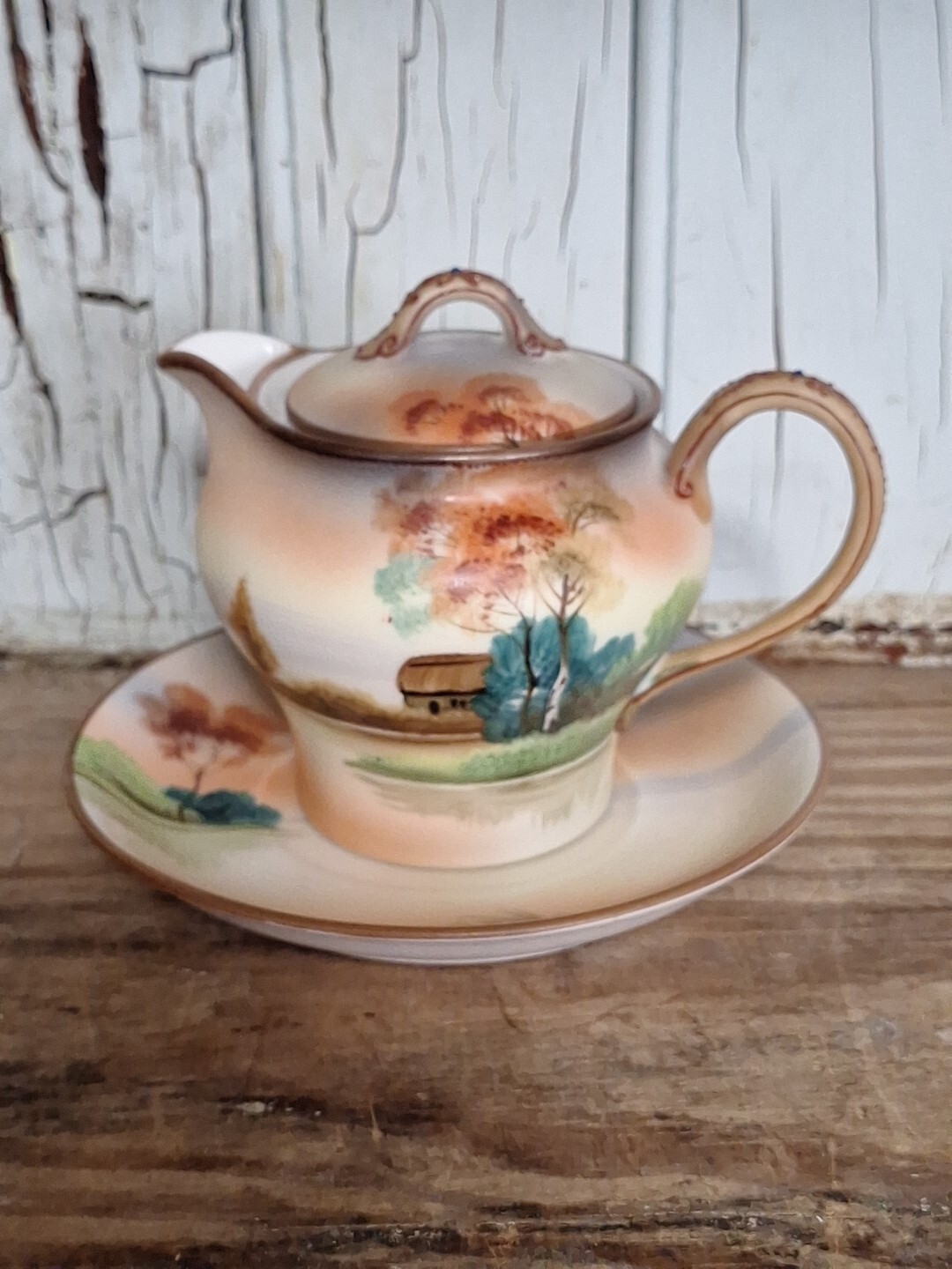 Antique Morimura Nippon Hand Painted Porcelain Creamer with lid, Saucer Moriage