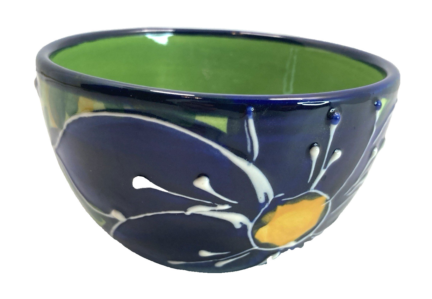Vtg Green & Blue Flowered Hand Painted Bowl Hand Made In Spain 4.25 Leones