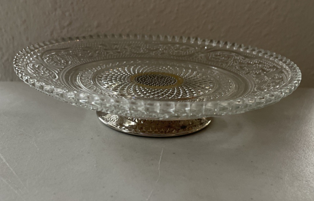 Vintage KIG Clear Fleur De Lis Pattern Silver Plate Footed Candy Nut Dish Server