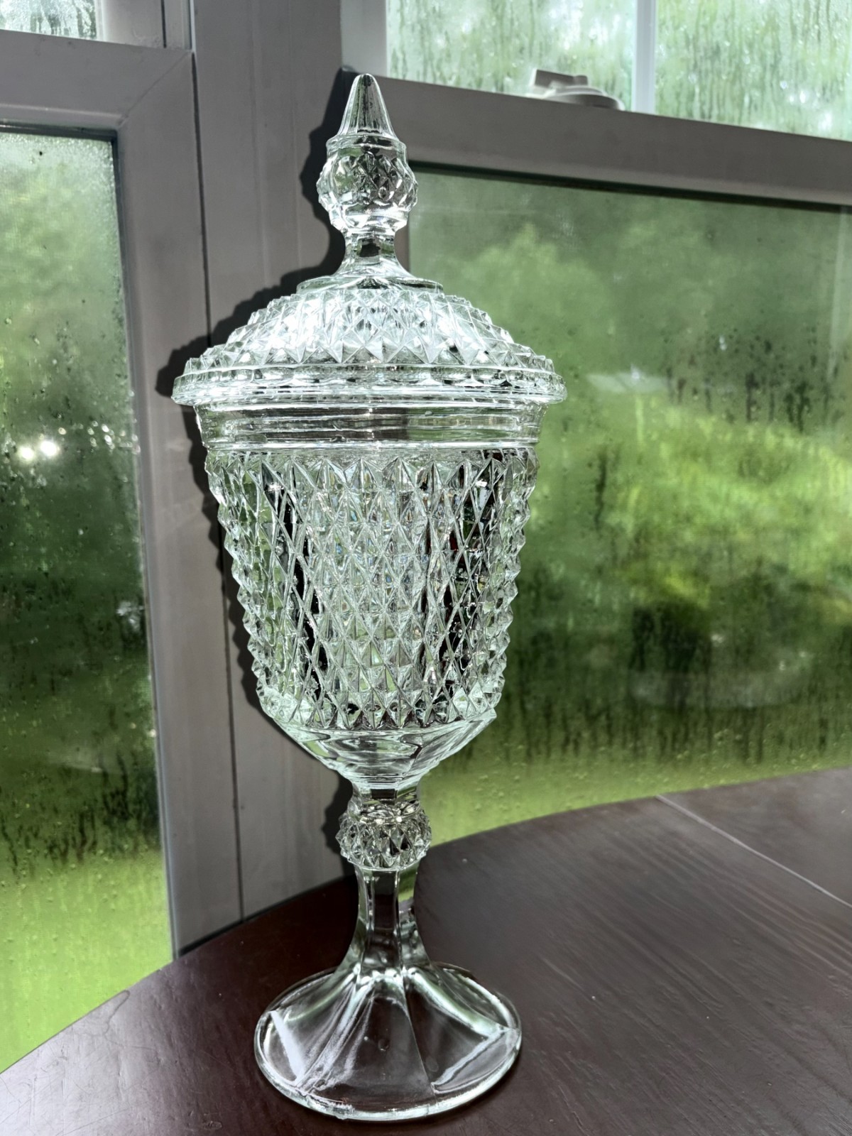 Vintage Pressed Glass Pedestal Candy Dish w Lid Diamond Pattern