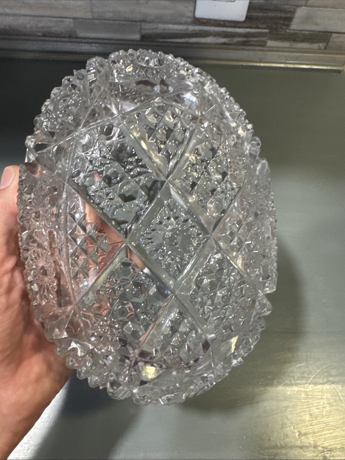 8″ VTG Oval Clear Cut Crystal Bowl Pinwheel & Hexagon Design W/ Sawtooth Rim