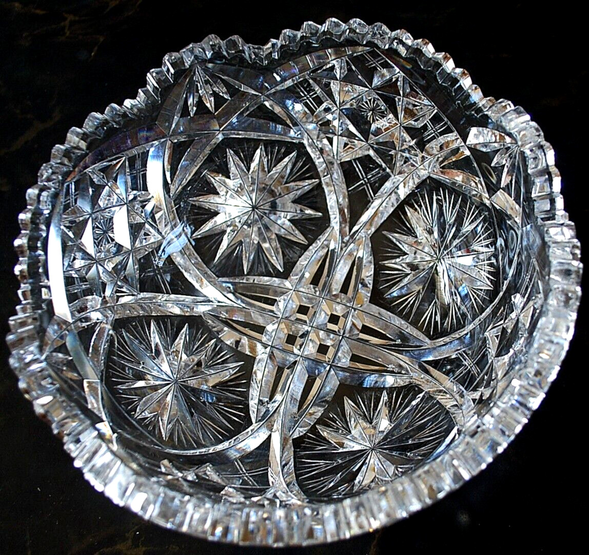 EARLY Antique ABP American Brilliant Period STAR/Xs Hand Cut CRYSTAL BOWL Heavy