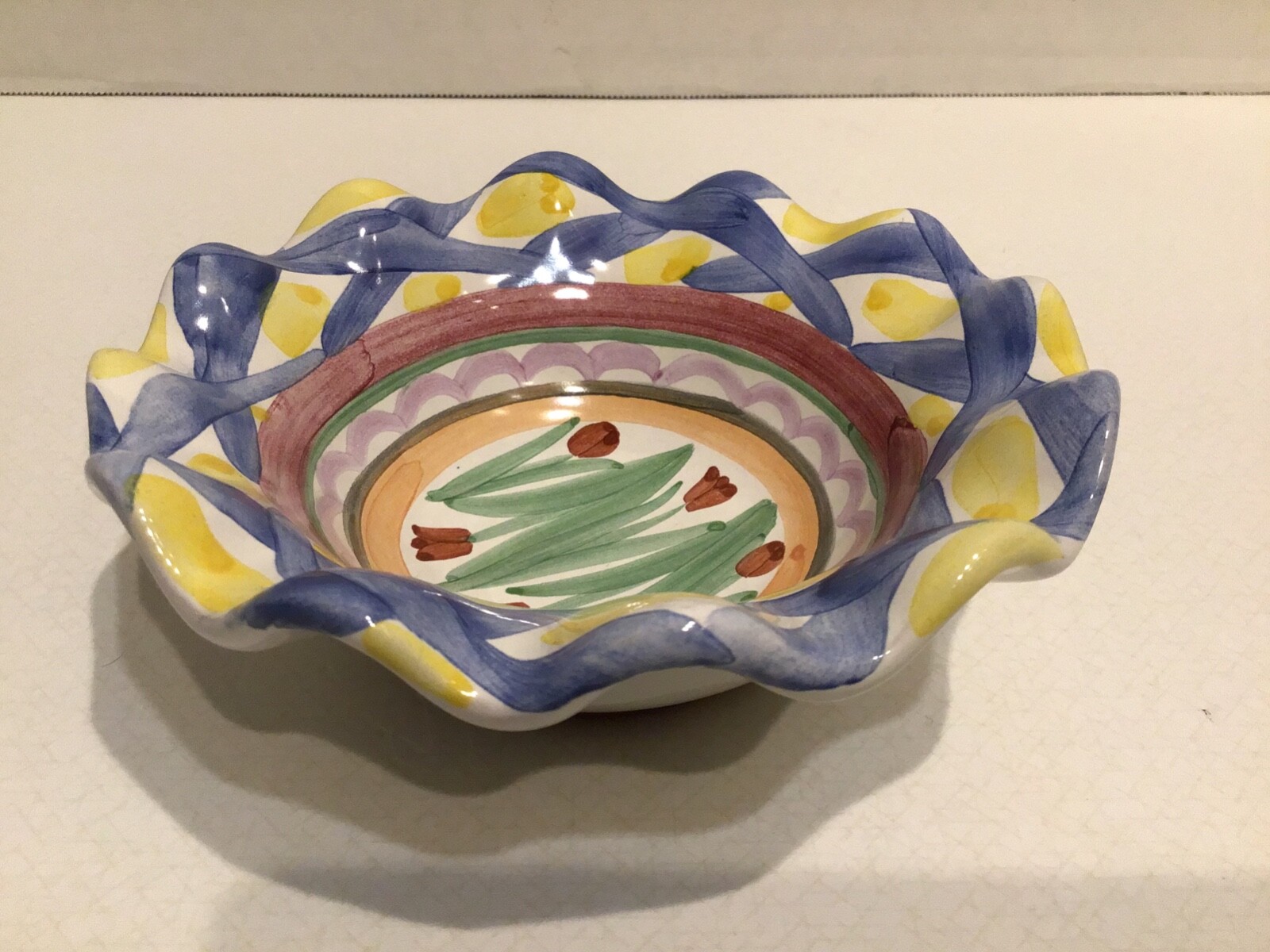 McKenzie Childs Fluted Small Round Bowl Aalsmeer Tulip Yellow Blue Pink