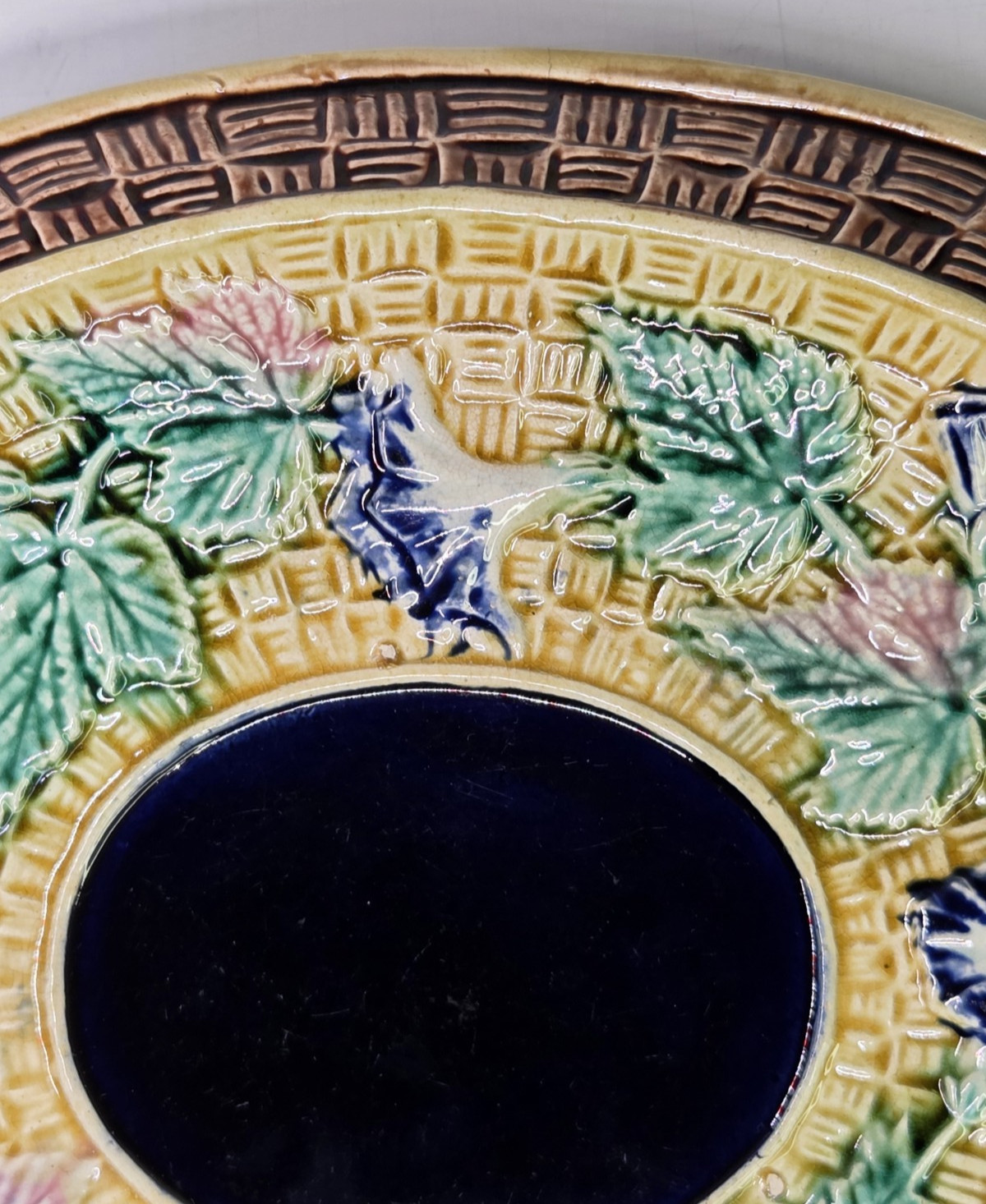 Antique Oval Majolica Basket Weave Footed Platter Floral Bread Bowl Cobalt 12¾”