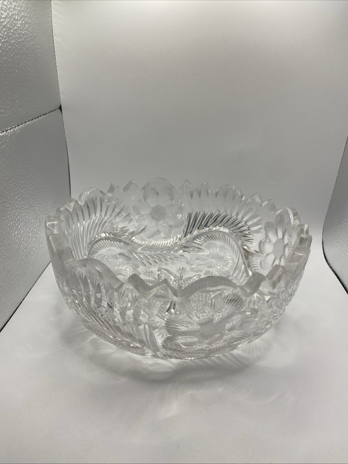 American Brilliant Cut Glass Bowl Flower Patterns Vintage, 3 3/4″ High * See Pic