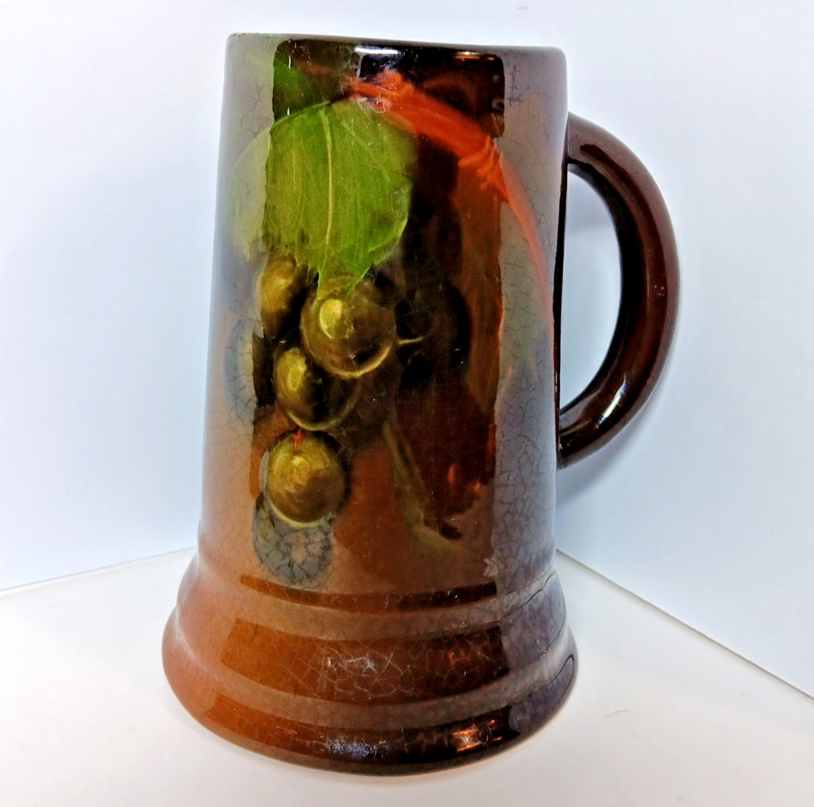 Beautiful Antique Weller Art Pottery Mug Hand Painted Grape Decoration 6.25 In