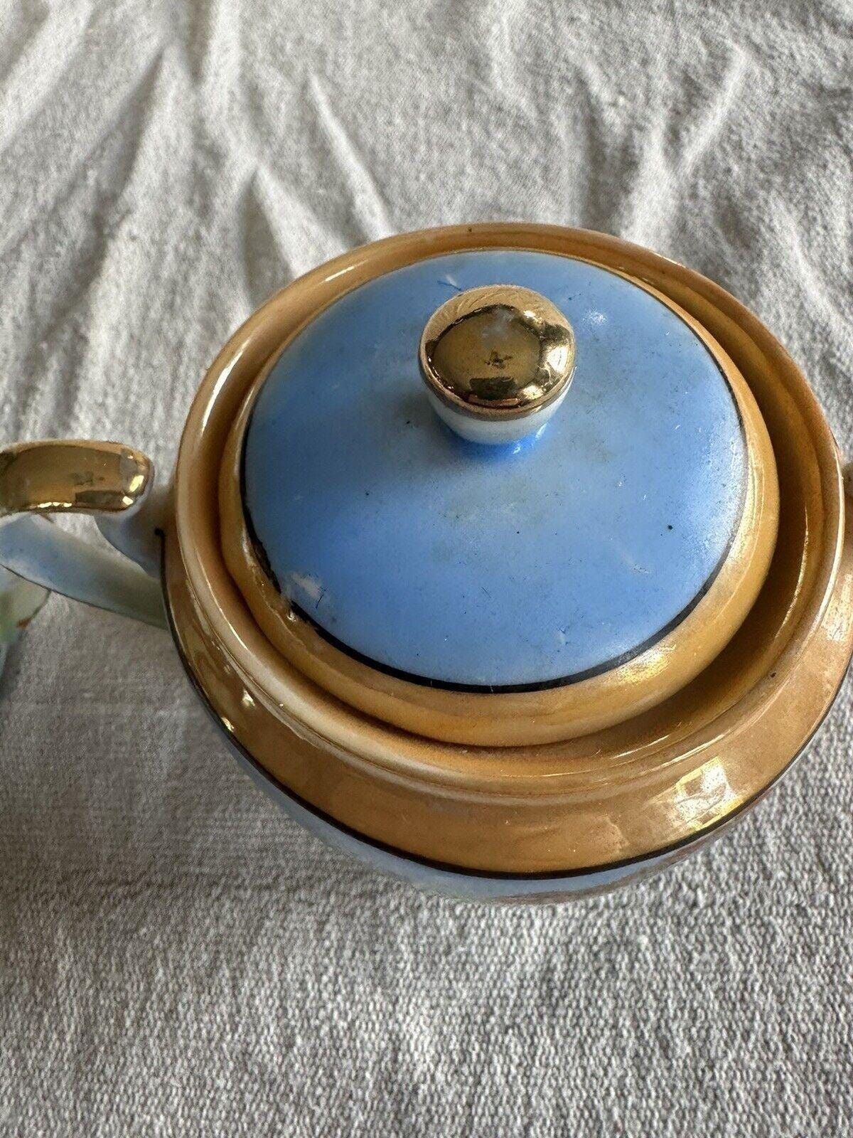 VTG Creamer and Sugar Bowl Japan Lake Trees Windmill Blue Orange Gold Trim