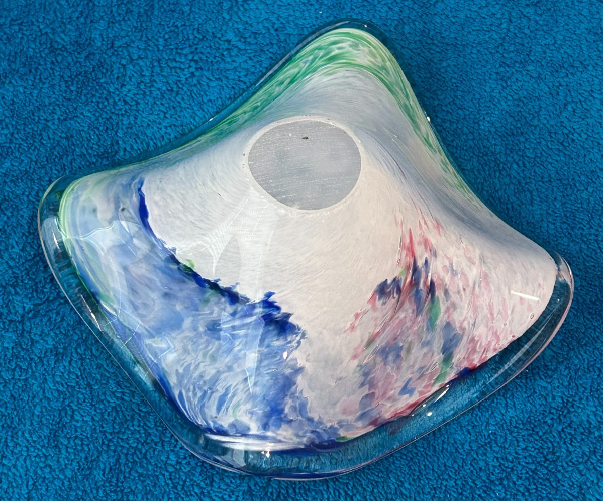 Vintage Murano Style Glassware Multicolor 7″ Bowl Green Blue Red Swirl