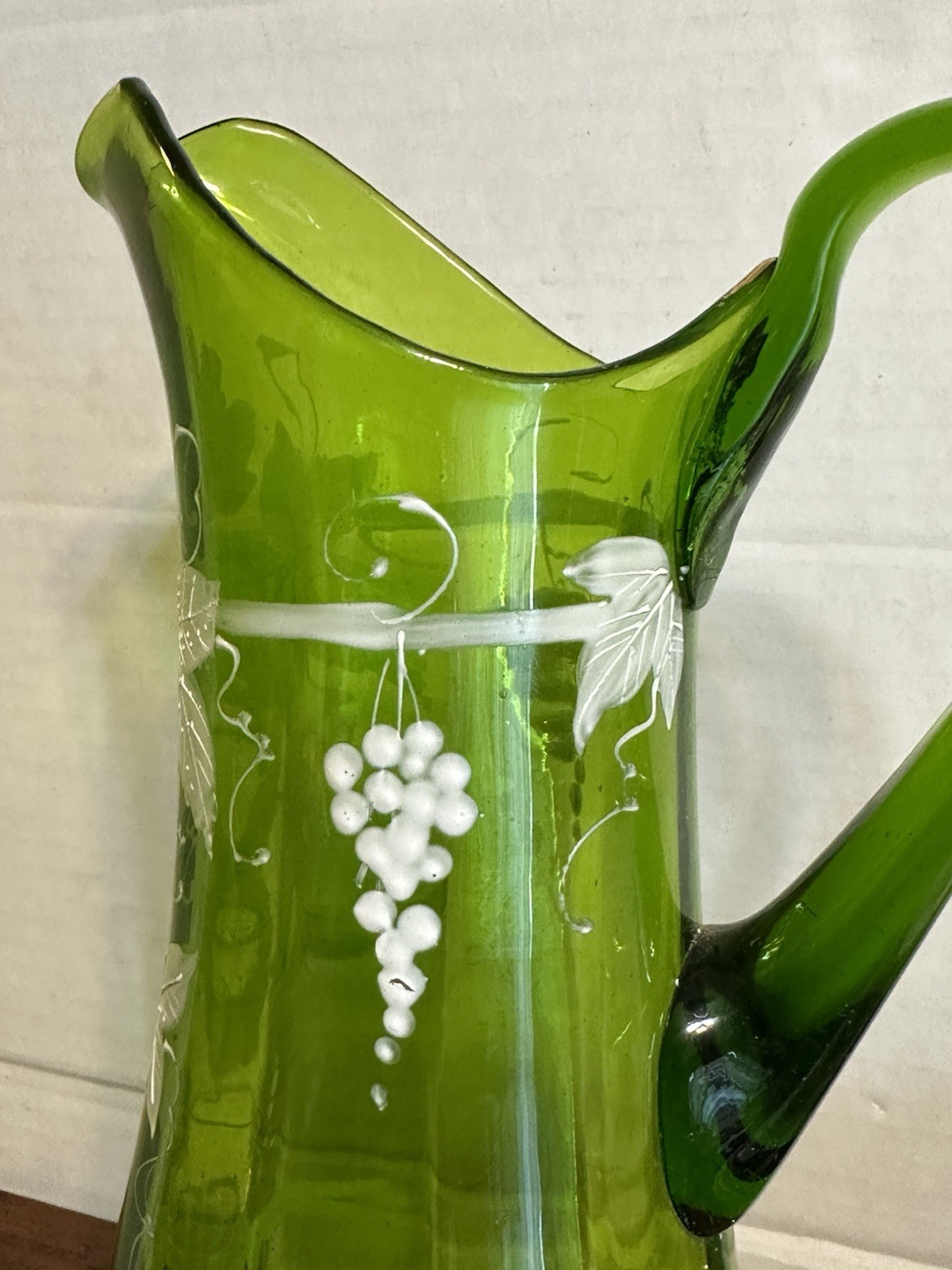 Antique Victorian Green Glass Hand Blown Pitcher 3-D Enamel Work Grape Vines