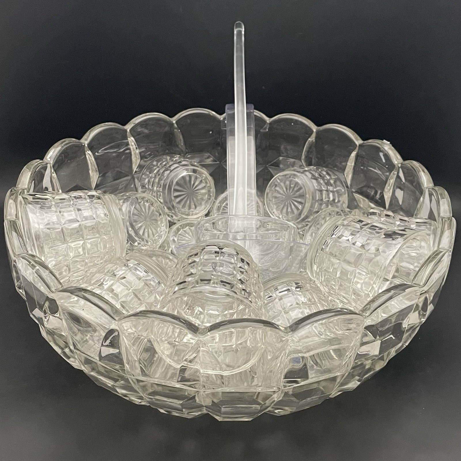 Tiffin Square Diamonds Beveled Block Waffle 25pc Glass Punch Bowl Set c1950s USA