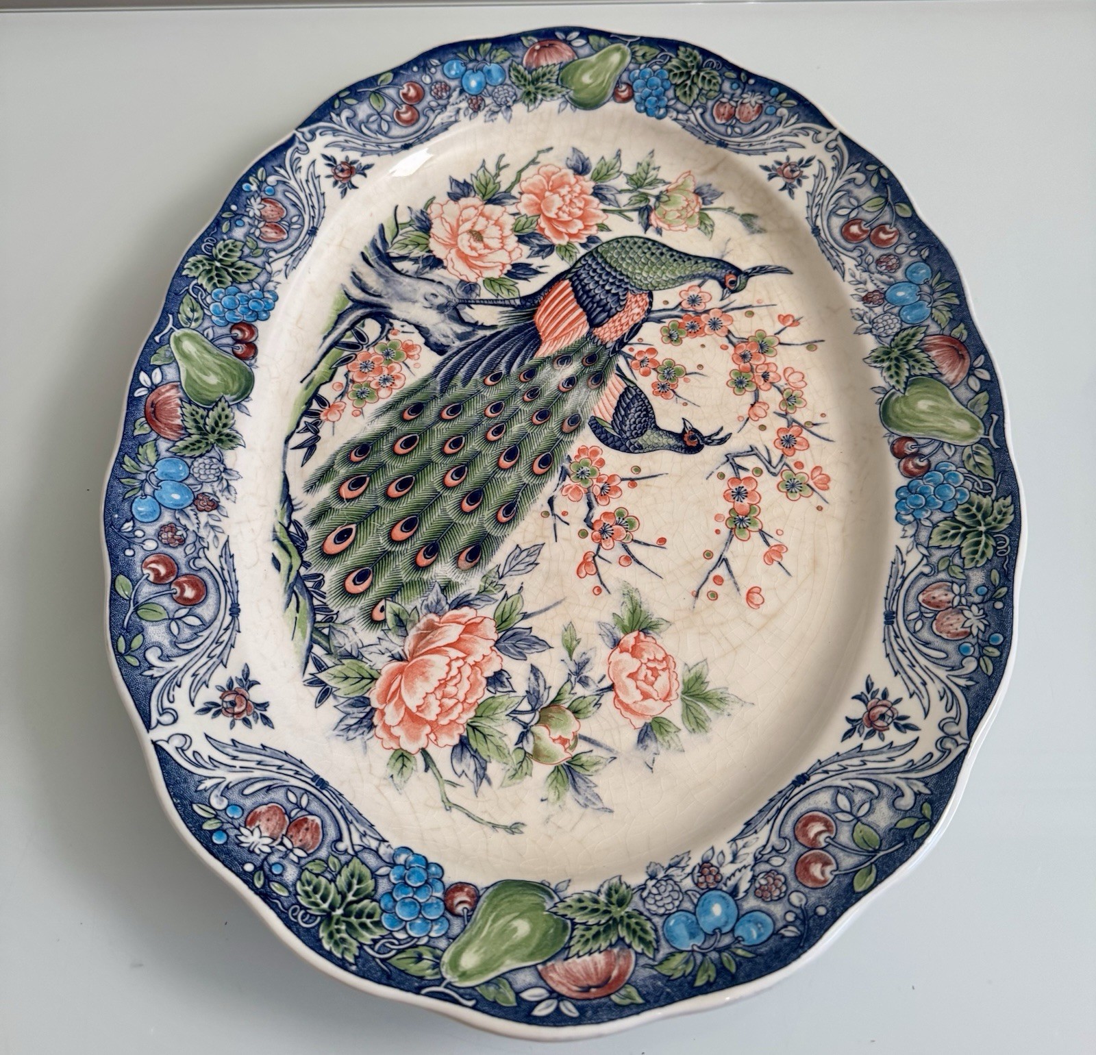 Vintage Empress SM Japan Large Serving Platter Colorful Peacock Rare 18”