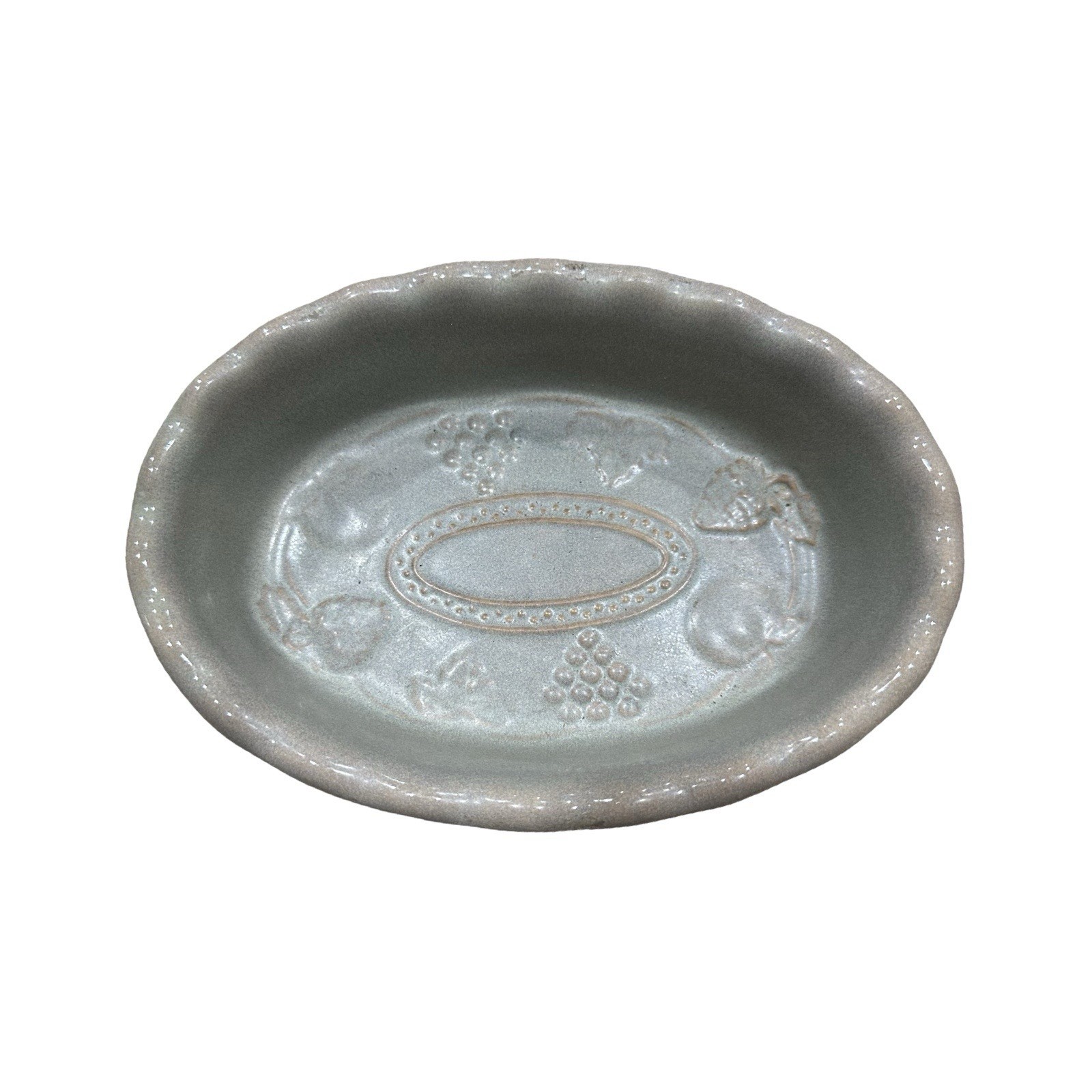 Oval Stoneware Serving Dish Beige Fruit & Leaf Design 9” Scalloped Edge BT5