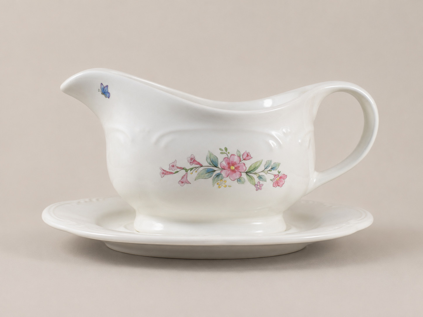 Vintage Pfaltzgraff Meadow Lane Gravy Boat with Underplate Saucer Butterfly