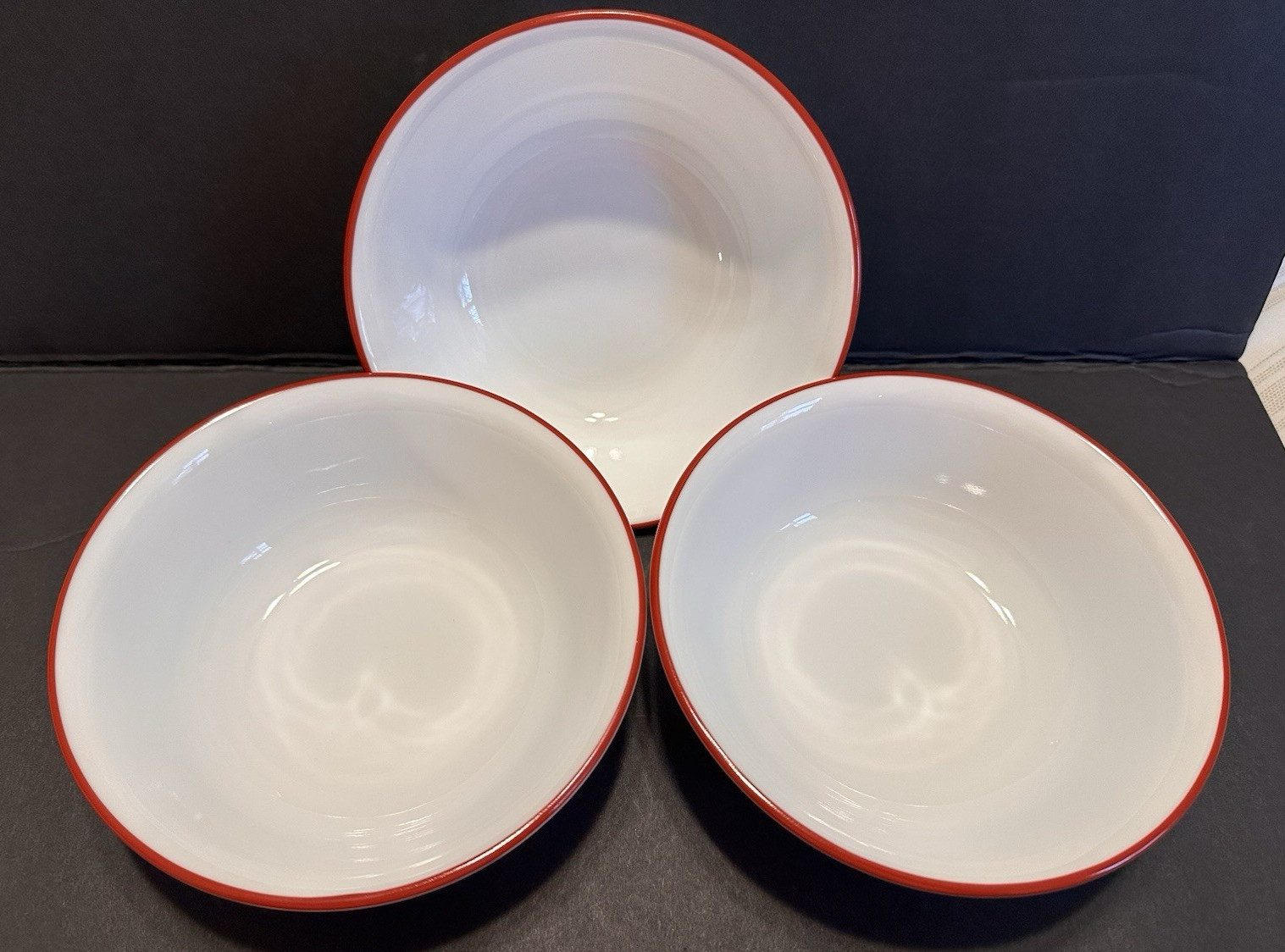 3 Corelle Splendor /Simple Line Cereal /Soup Bowls White with Red Trim 6 1/4″