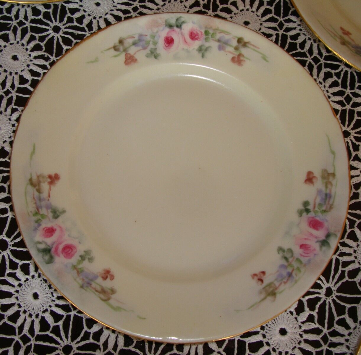 HAND PAINTED UNMARKED LIMOGES SET OF 6 DESSERT PLATES AND A DOME, ROSES & GOLD