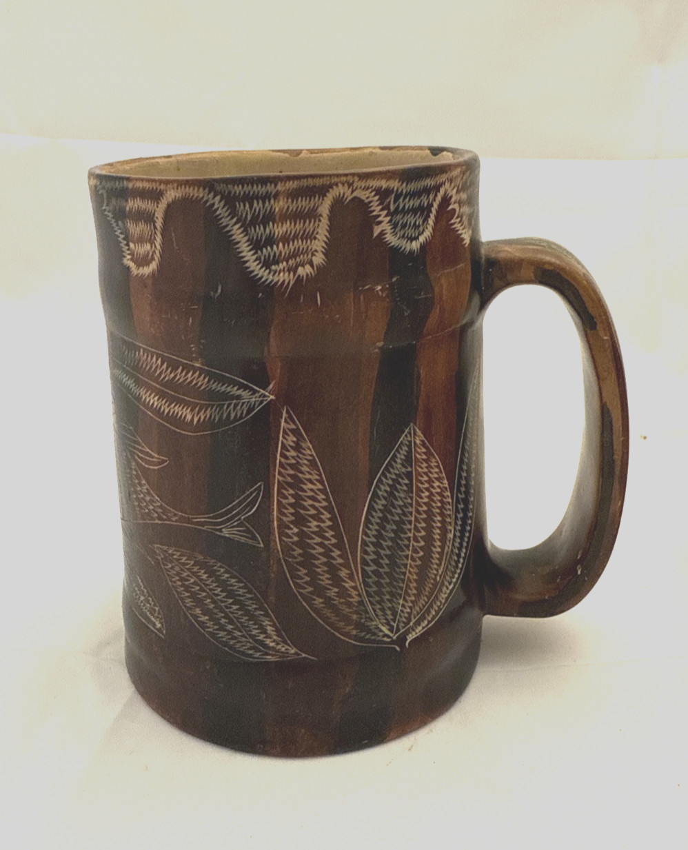 Scrimshaw Like Fish, Plants Waves Ceramic Mug 16oz Art Pottery Not Signed Unique