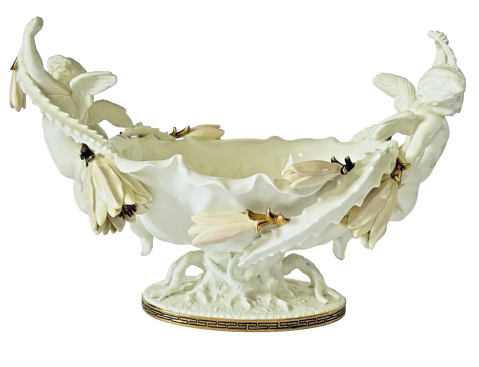 Antique Moore Bros. English Porcelain Cactus Flower Double Cherub Centerpiece