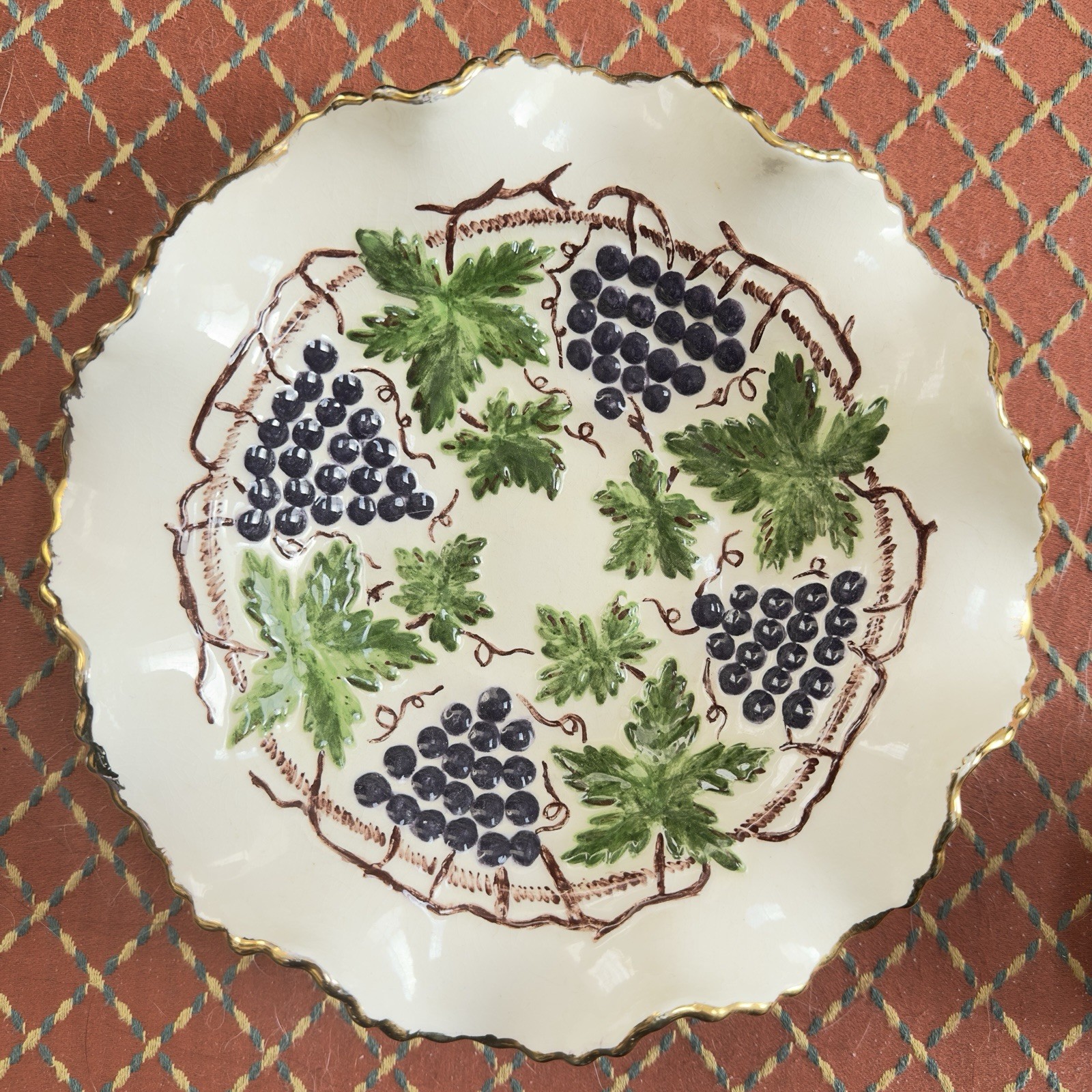 Hand Painted Ceramic Scalloped Border Gild Unique Grape Motif Collectable Dish