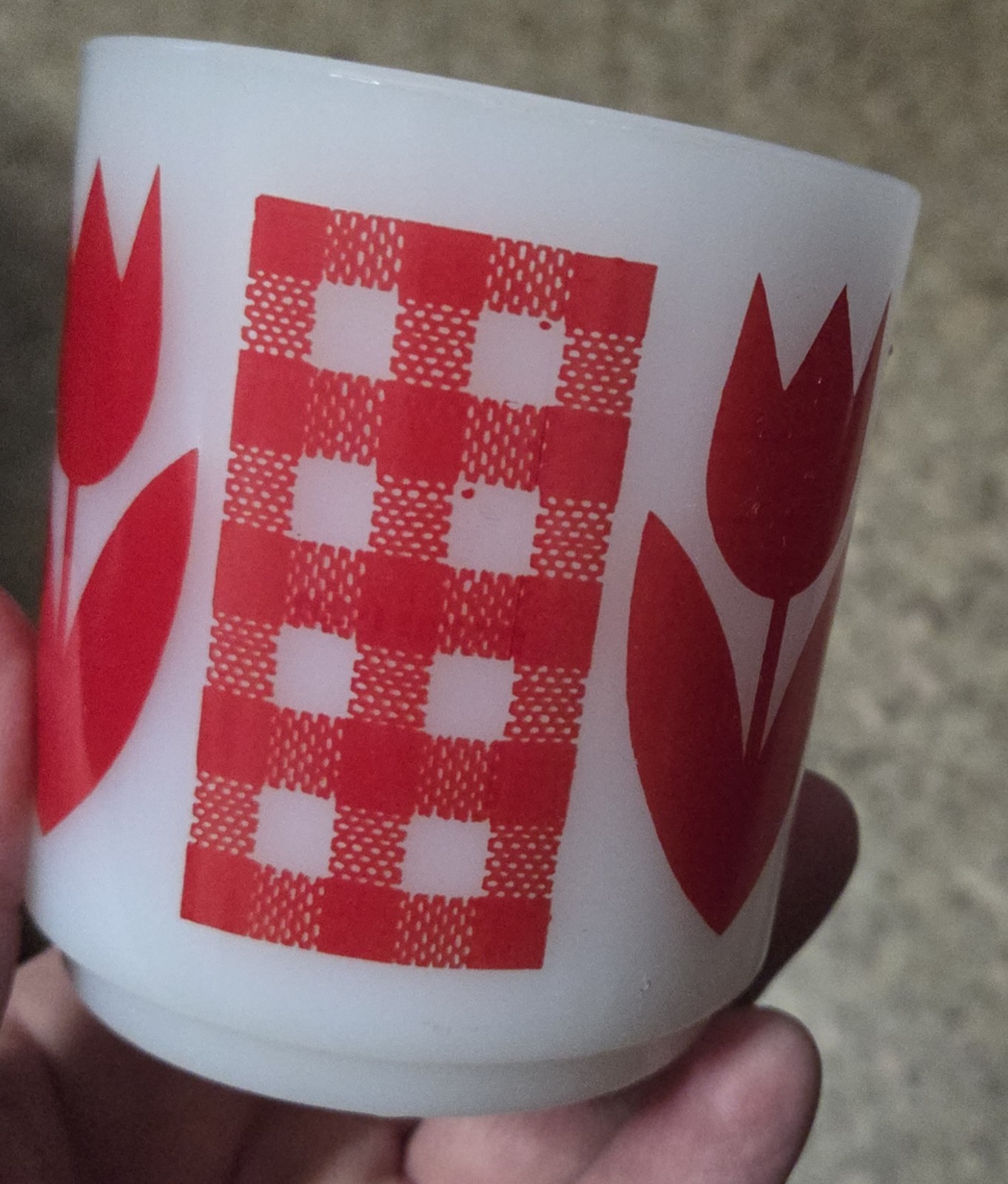 Vtg Termocrisa?Jeannette Glasbake? Coffee Mug Red Tulip Gingham 1960’s-70’s