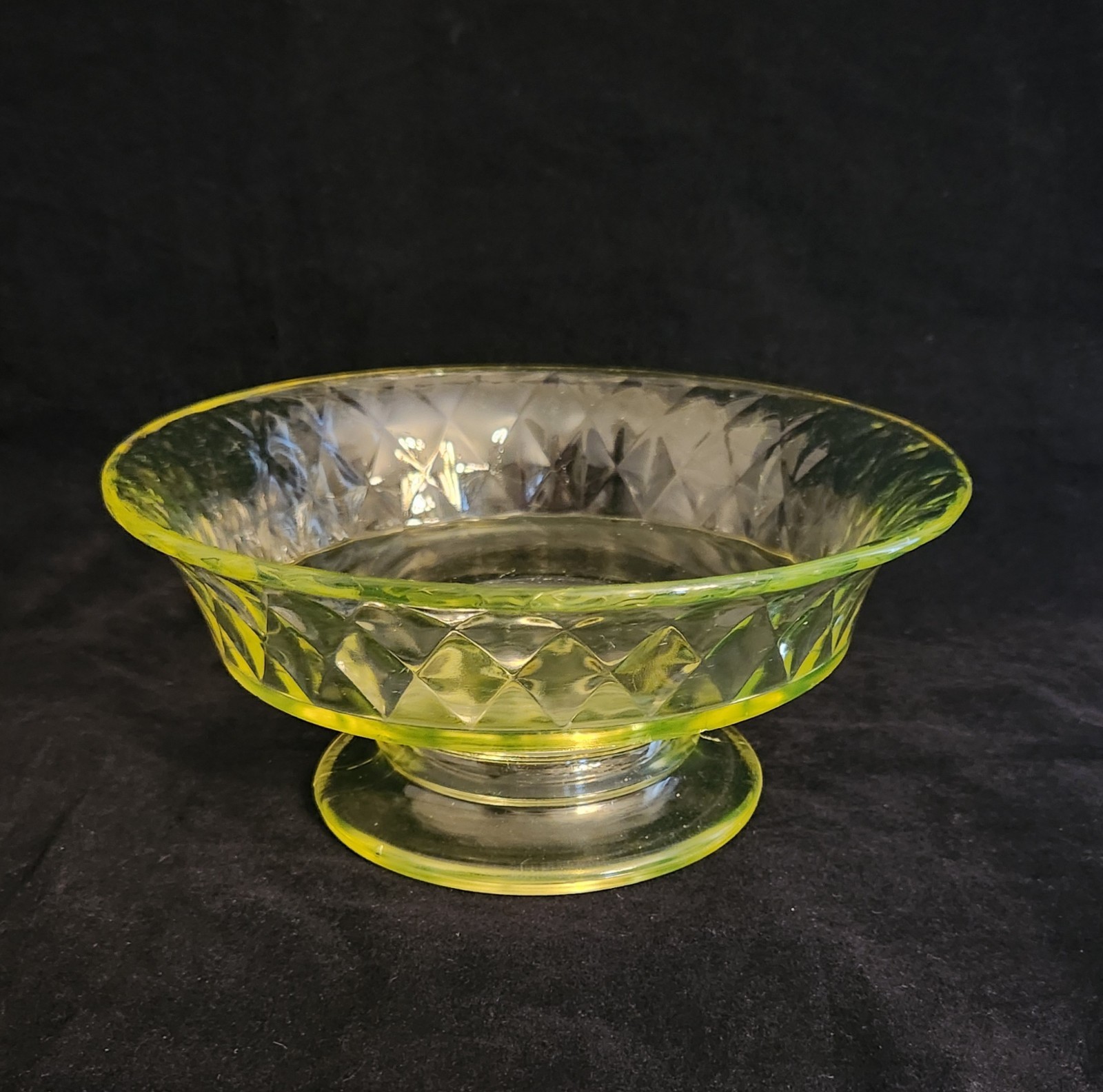 Antique Bryce Vaseline Canary Yellow Uranium Glass Diamond Quilt Compote Bowl