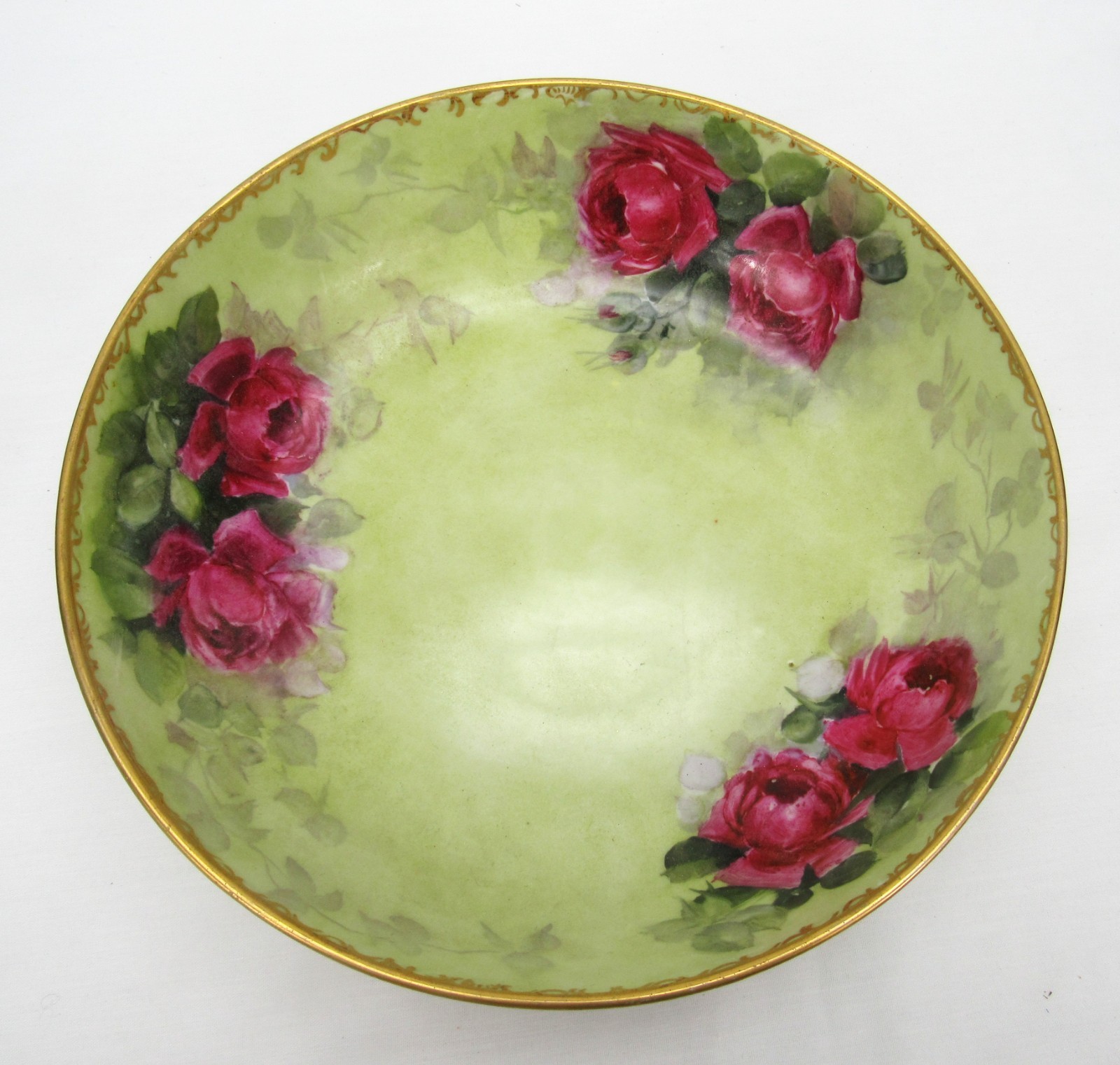 Antique Hand Painted tri Footed Bowl red roses with orated Gold Trim 9″