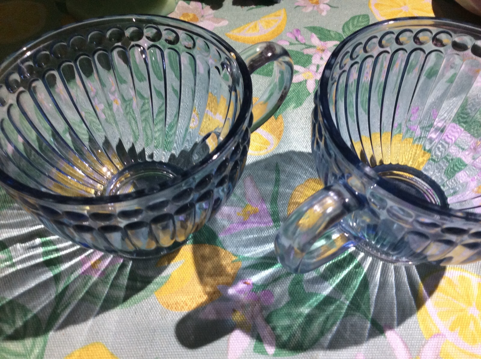 2 Lt Blue Glass Coffee Cups Mugs Quilted Bubble Pattern 12 oz. Beauties 4.25″