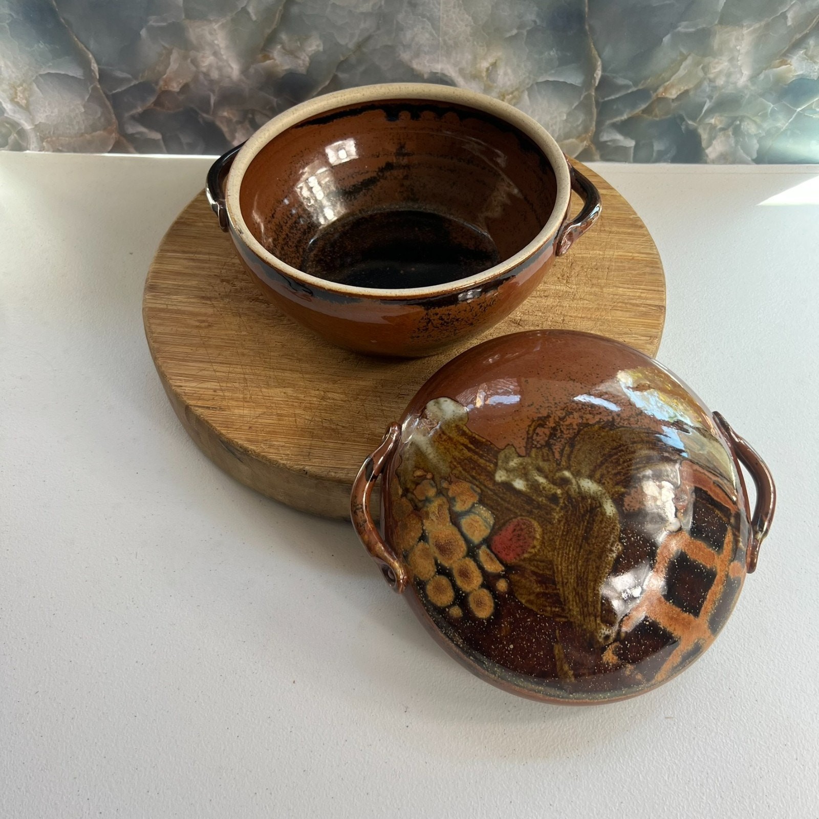 Art Studio Pottery Casserole With Handles & Lid 8″ Stoneware Brown Glazed 80s