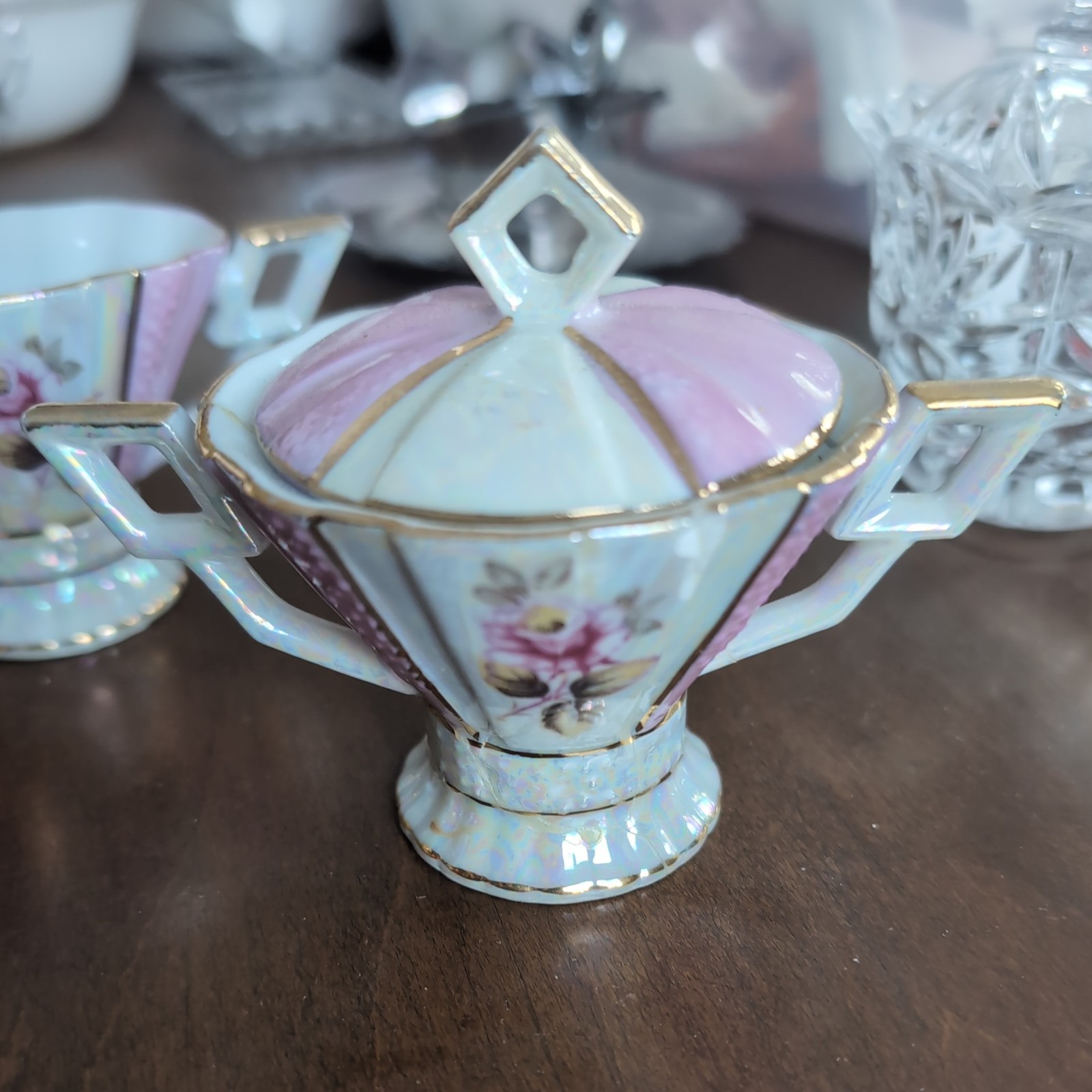 Rare Vintage Lipper Pink Mother Of Pearl Porcelain Creamer & Sugar Bowl Set