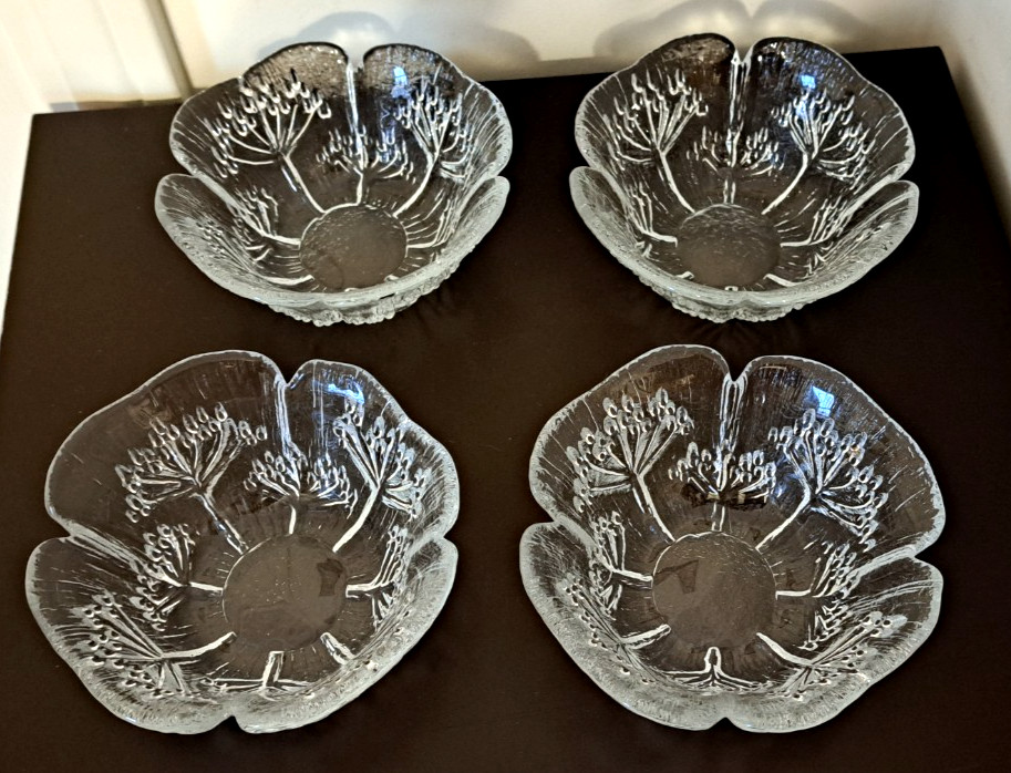 4 Lasisepät Mantsala/Dansk Cow Parsley 5″ Clear Glass Salad Bowls P. Kallioinen