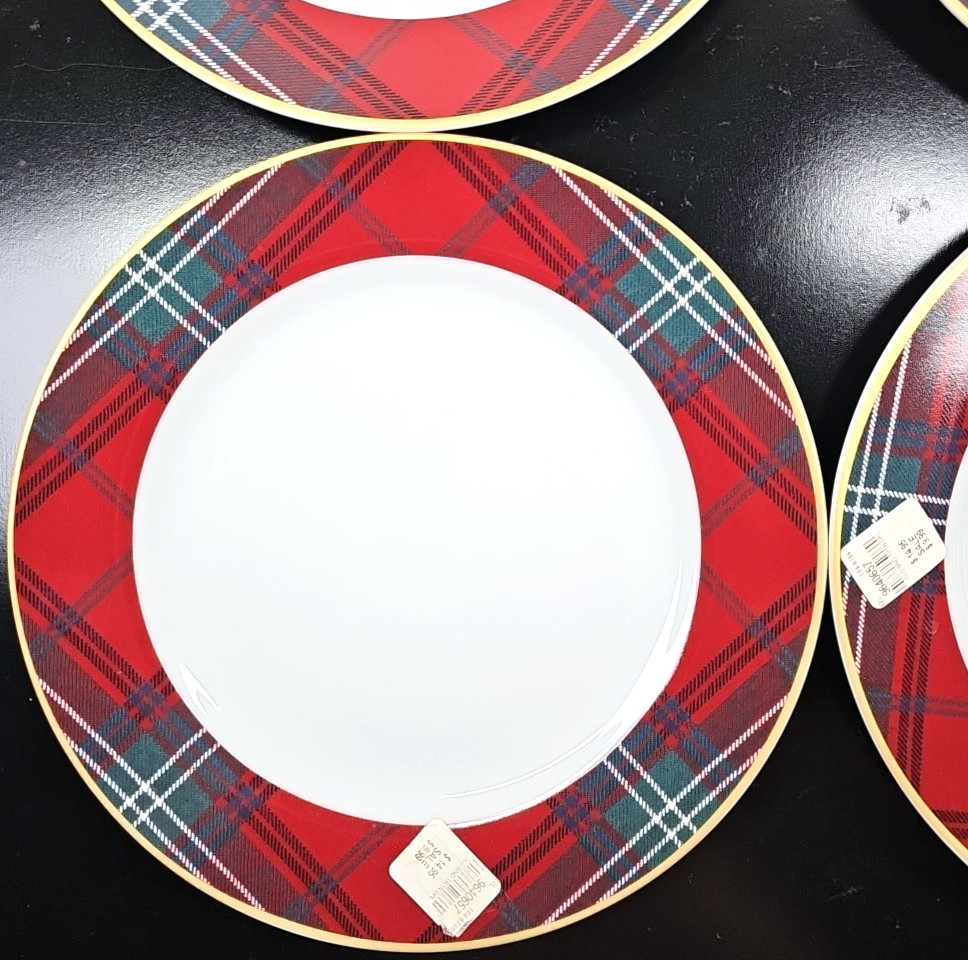 4) Williams Sonoma Gold Banded Tartan Dinner Plates Set Plaid Serving Dishes Lot
