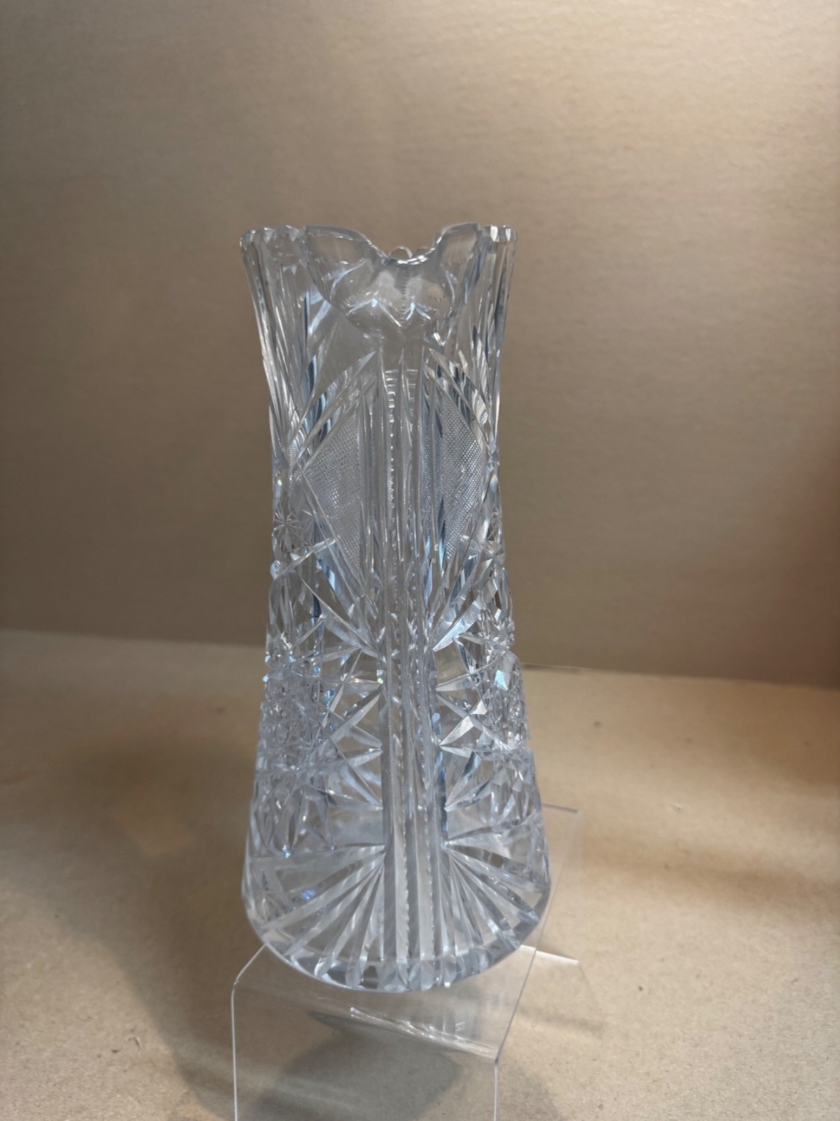 Vintage rare American Brilliant Cut Crystal Sawtooth Edge Pitcher Shabby Vase