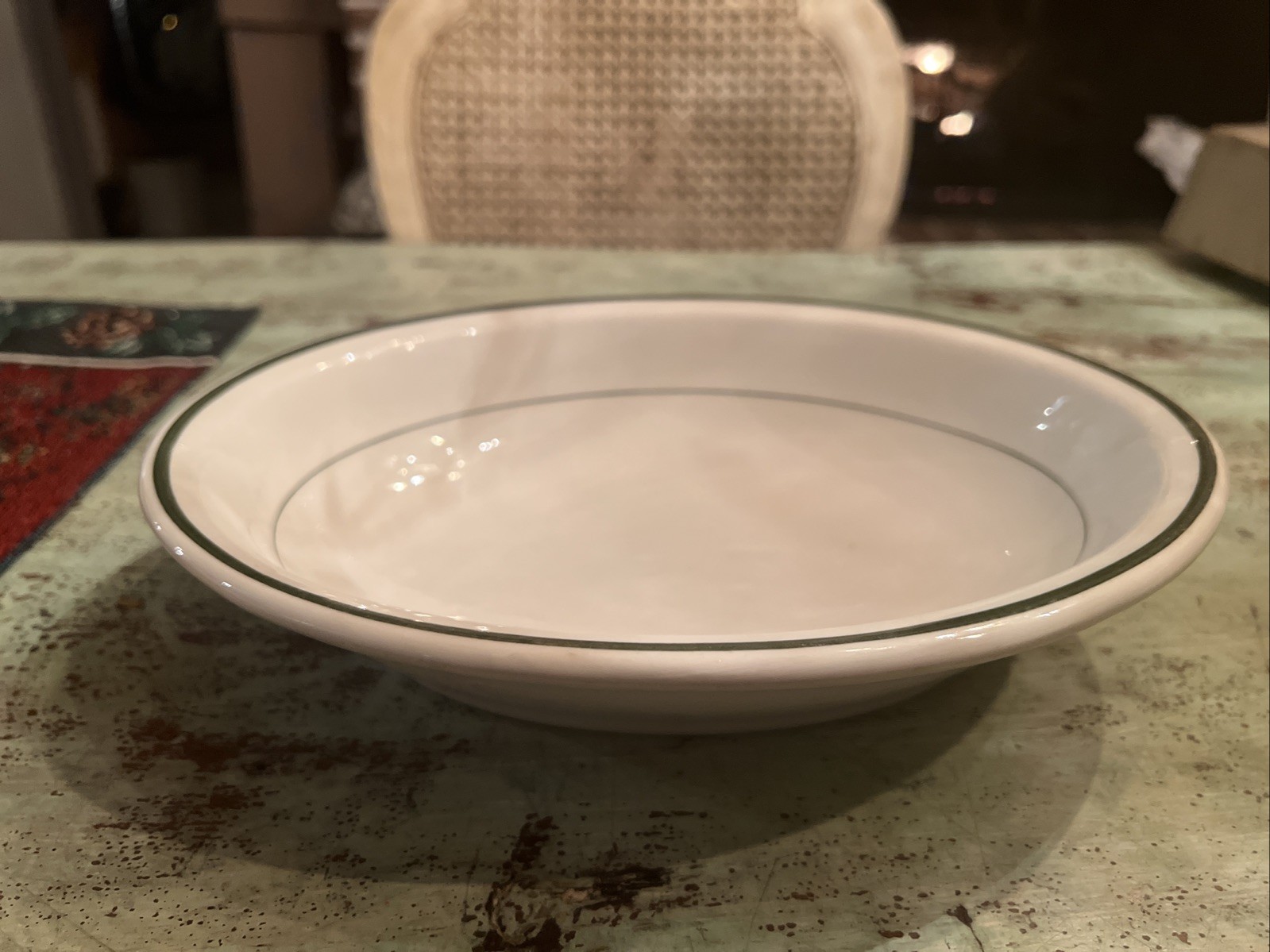 Victory China Restaurant Ware Serving Bowl Oval Green Stripe 7.25×10.5”