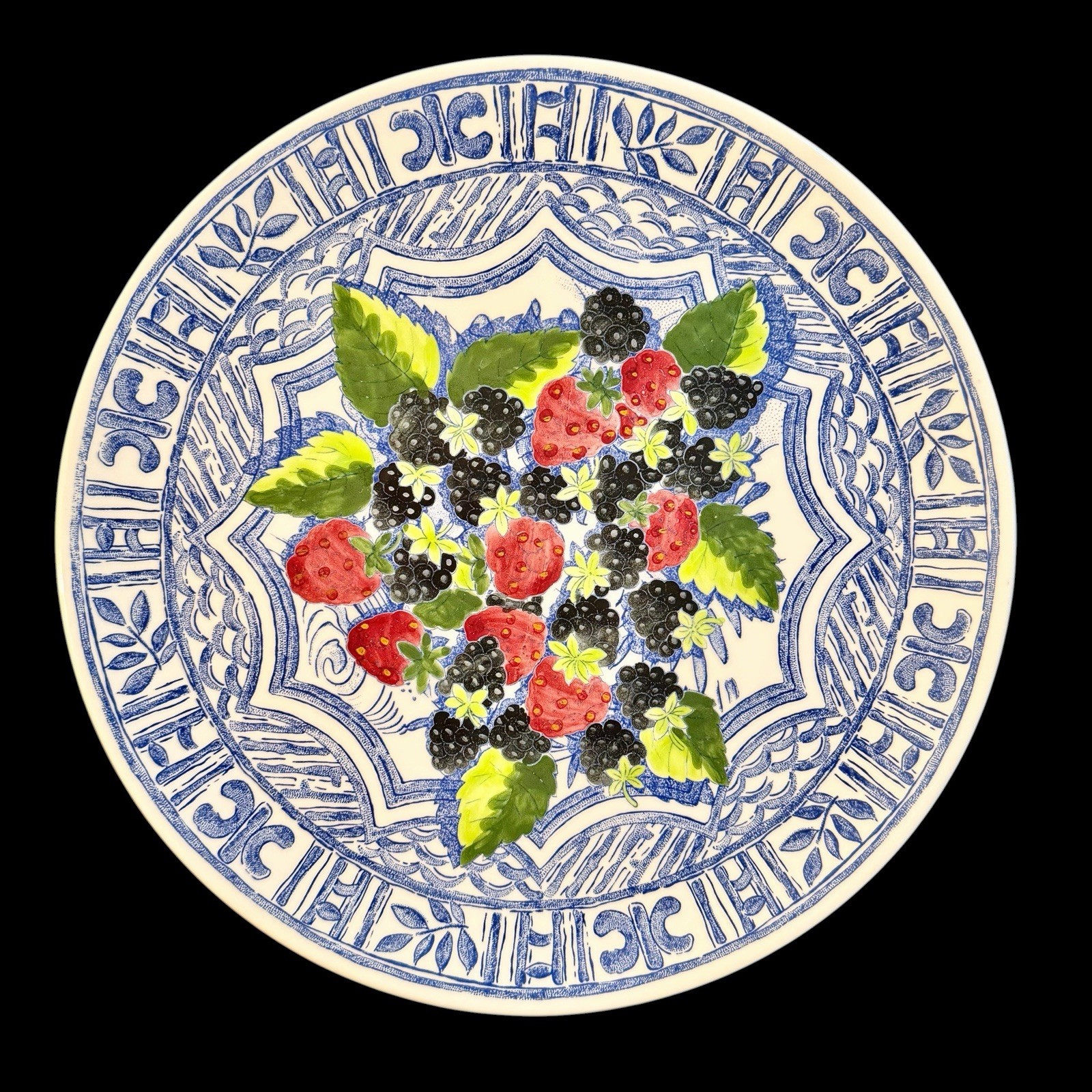Rare Gien France Oiseau Bleu Fruit Hand Painted 12” Cake Plate Tart Platter