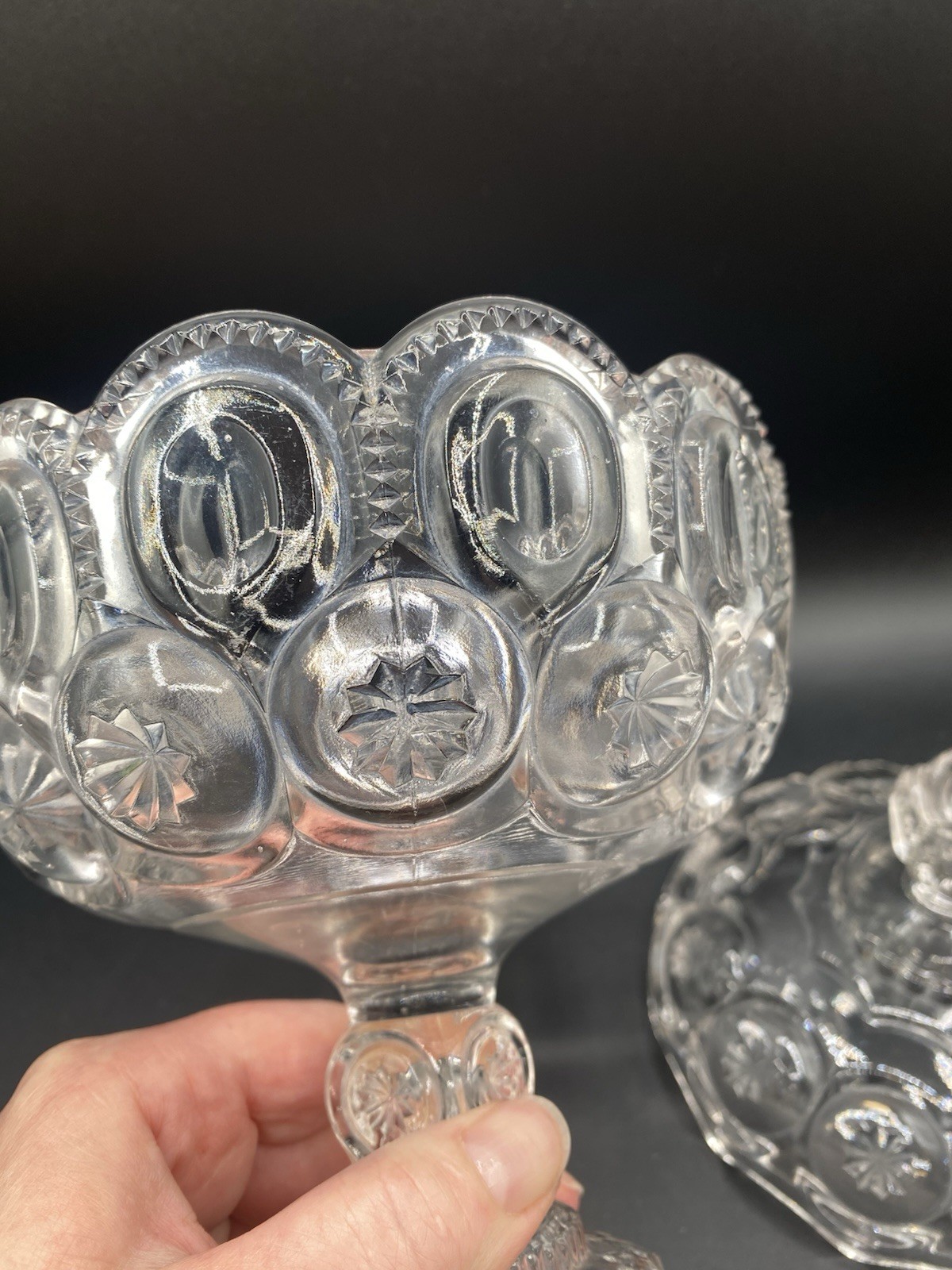 L.E. Smith Clear Glass Moon & Stars Large Footed Candy Dish w/ Lid 10”
