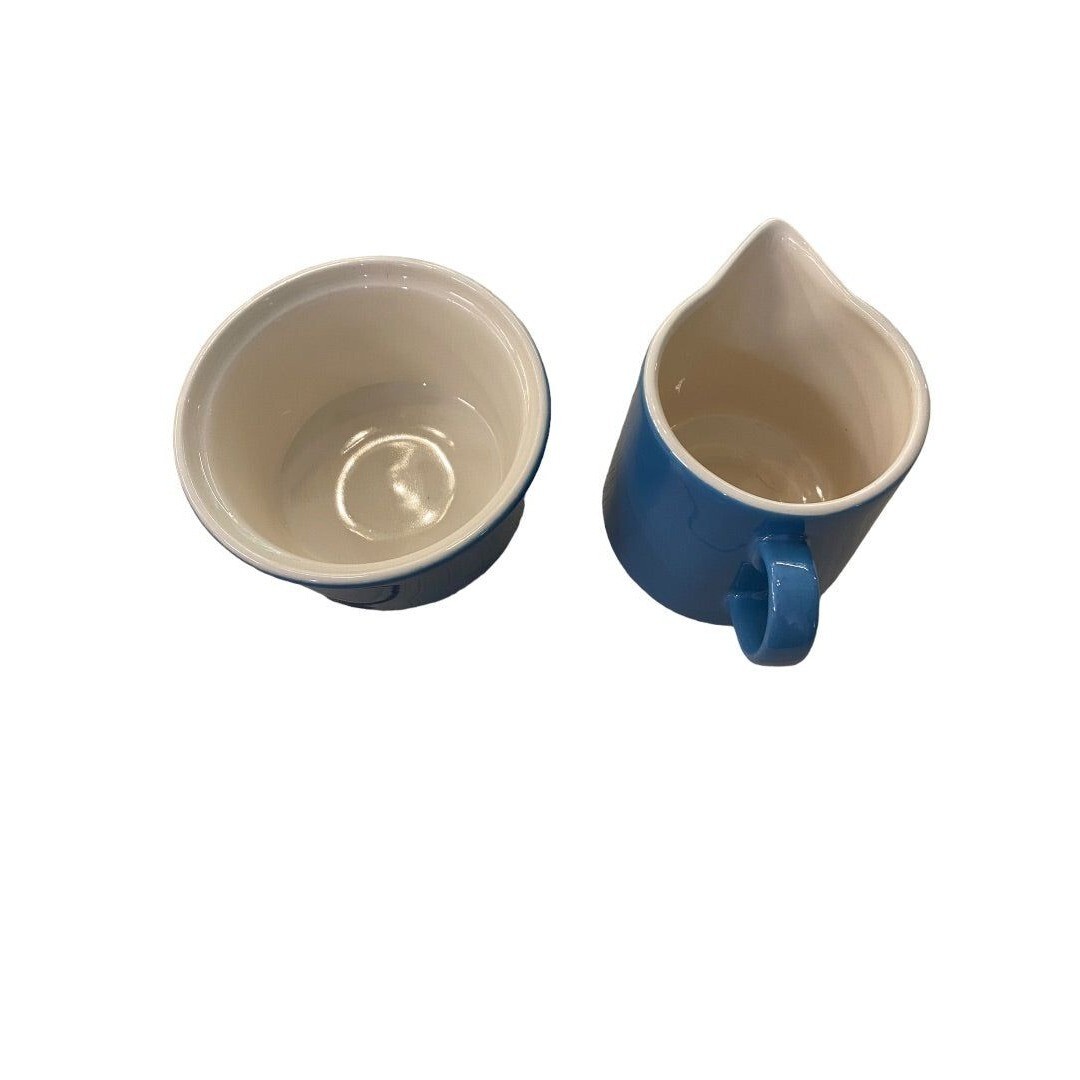 Blue White Ceramic Creamer and Lidded Sugar Bowl Midcentury Style