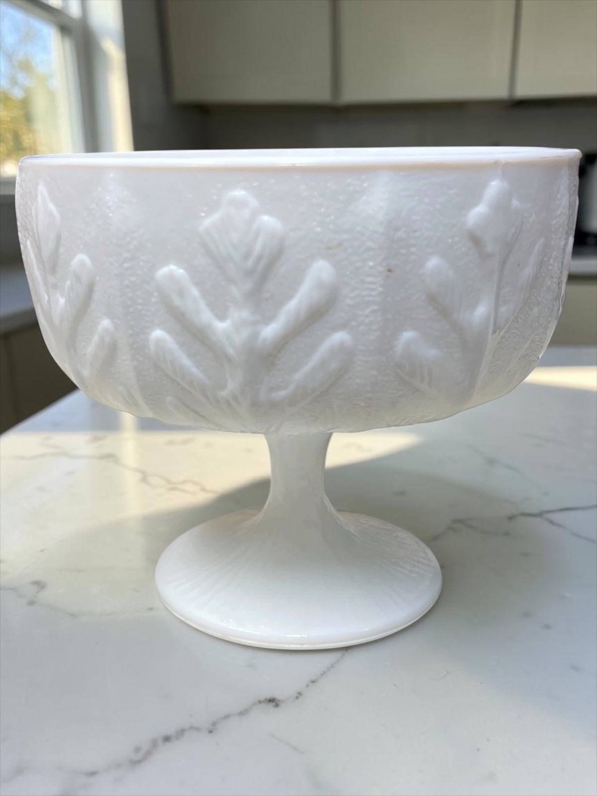 Vintage FTD White Milk Glass Pedestal Bowl with Embossed Oak Leaf (314)