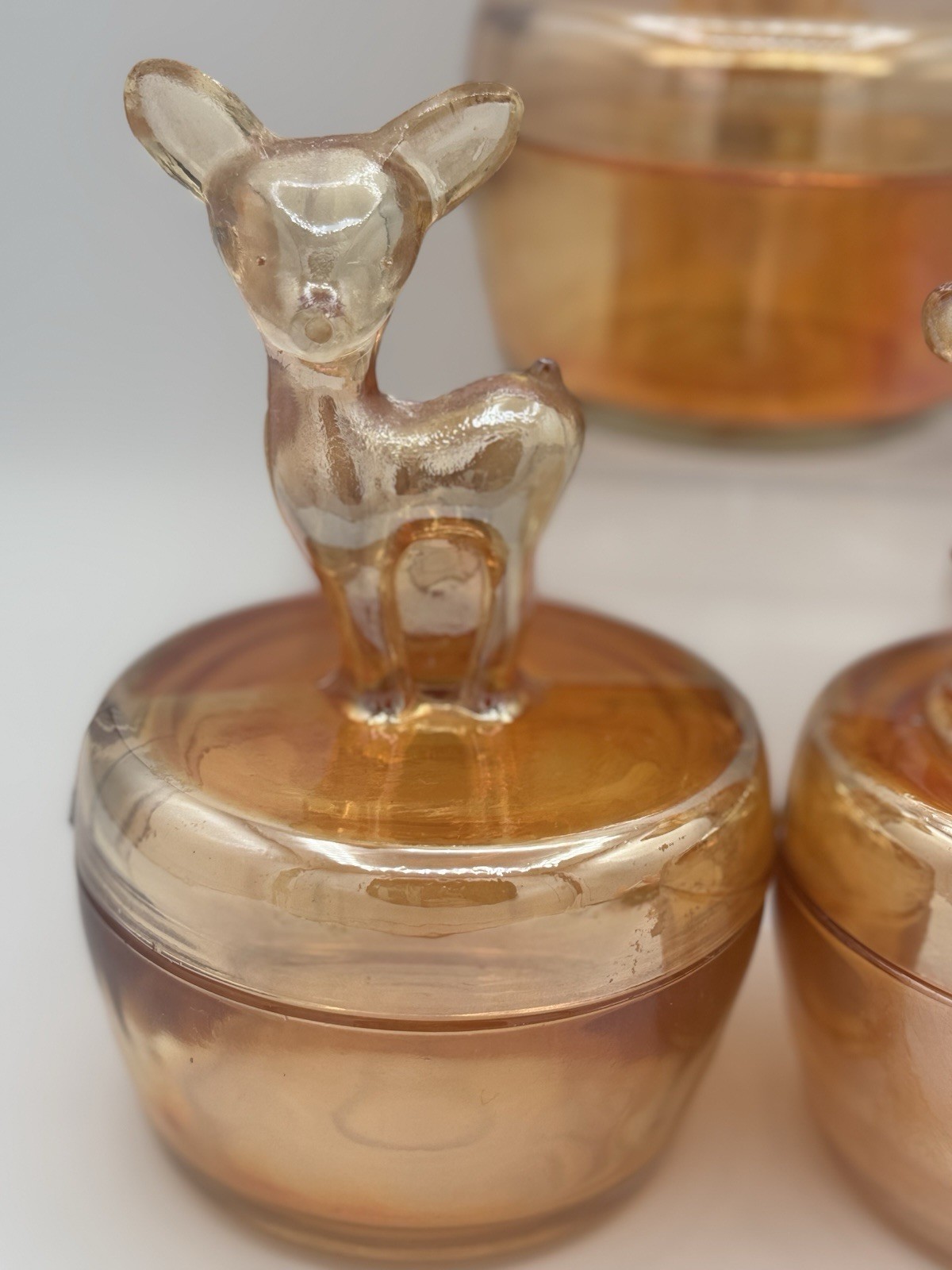 Vtg Jeannette Marigold Carnival Glass Powder Jar Set – Poodle/Deer/Terrier Lids
