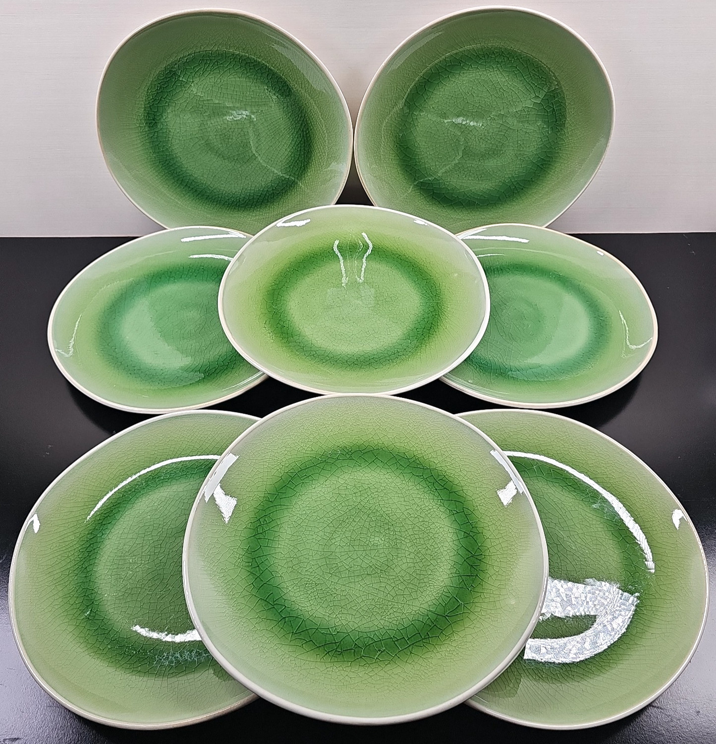 8 Roscher Crackle Glass Green Dinner Plates Set Elegant Stoneware Table Dish Lot