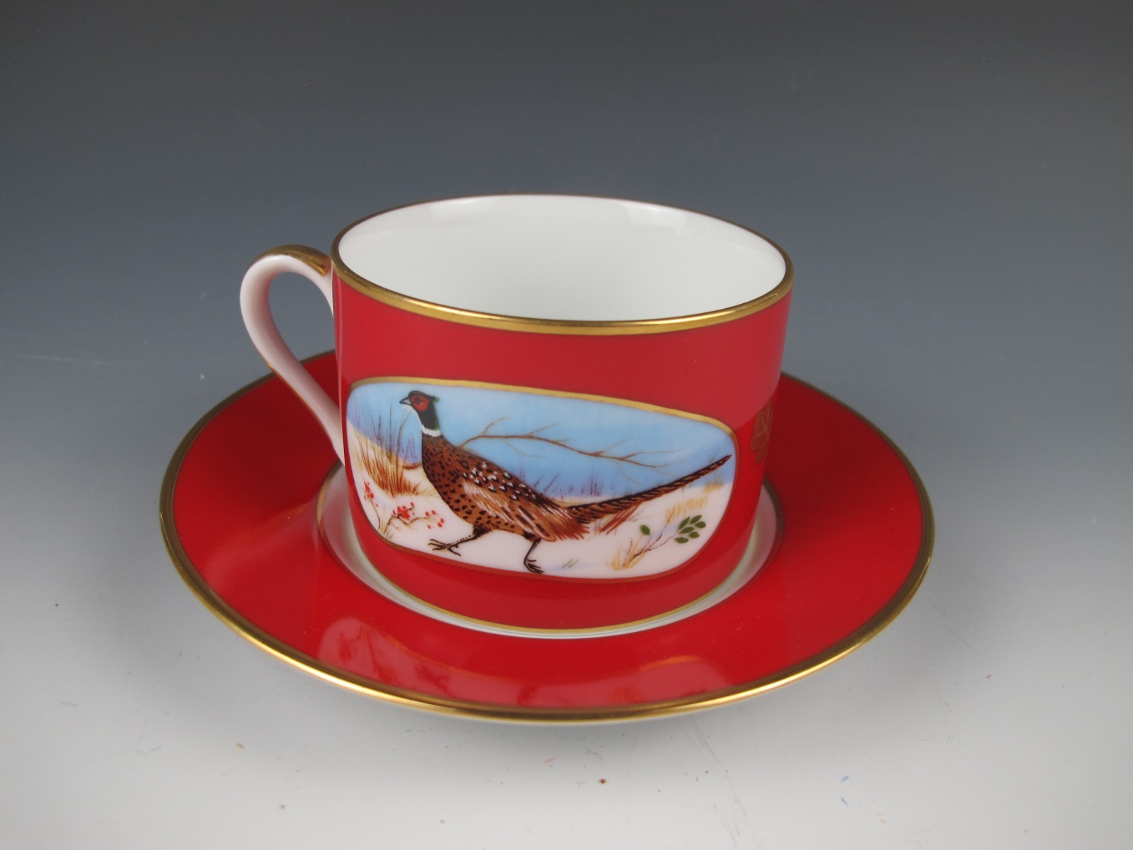 (4) Lynn Chase Winter Game Birds Red Cup & Saucer Sets