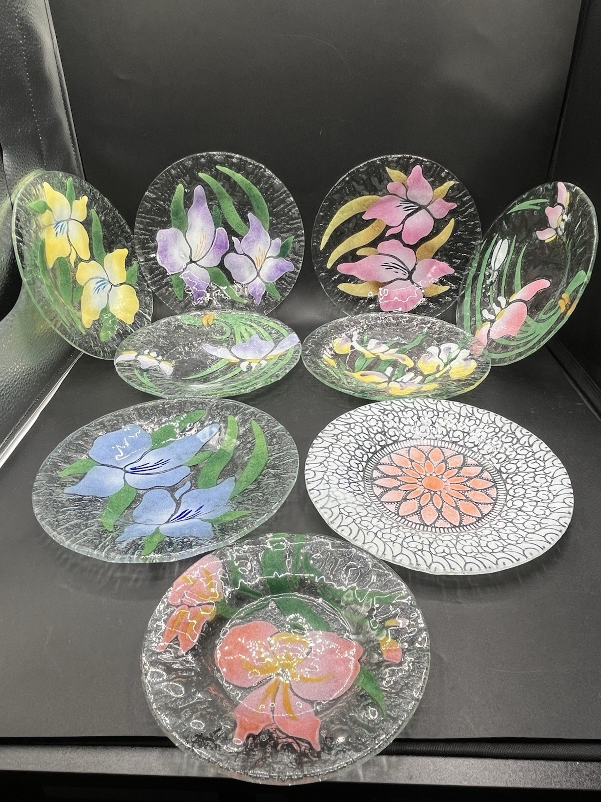 Sydenstricker Colorful Floral Crimped Fused Glass Plates Lot Of 9 Mixed Set