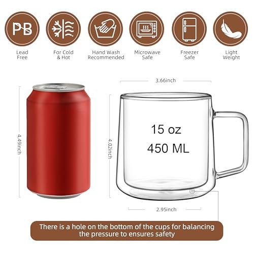 15oz Double Walled Glass Coffee Mugs,Large Insulated Glass Mugs 15oz(2-pack)