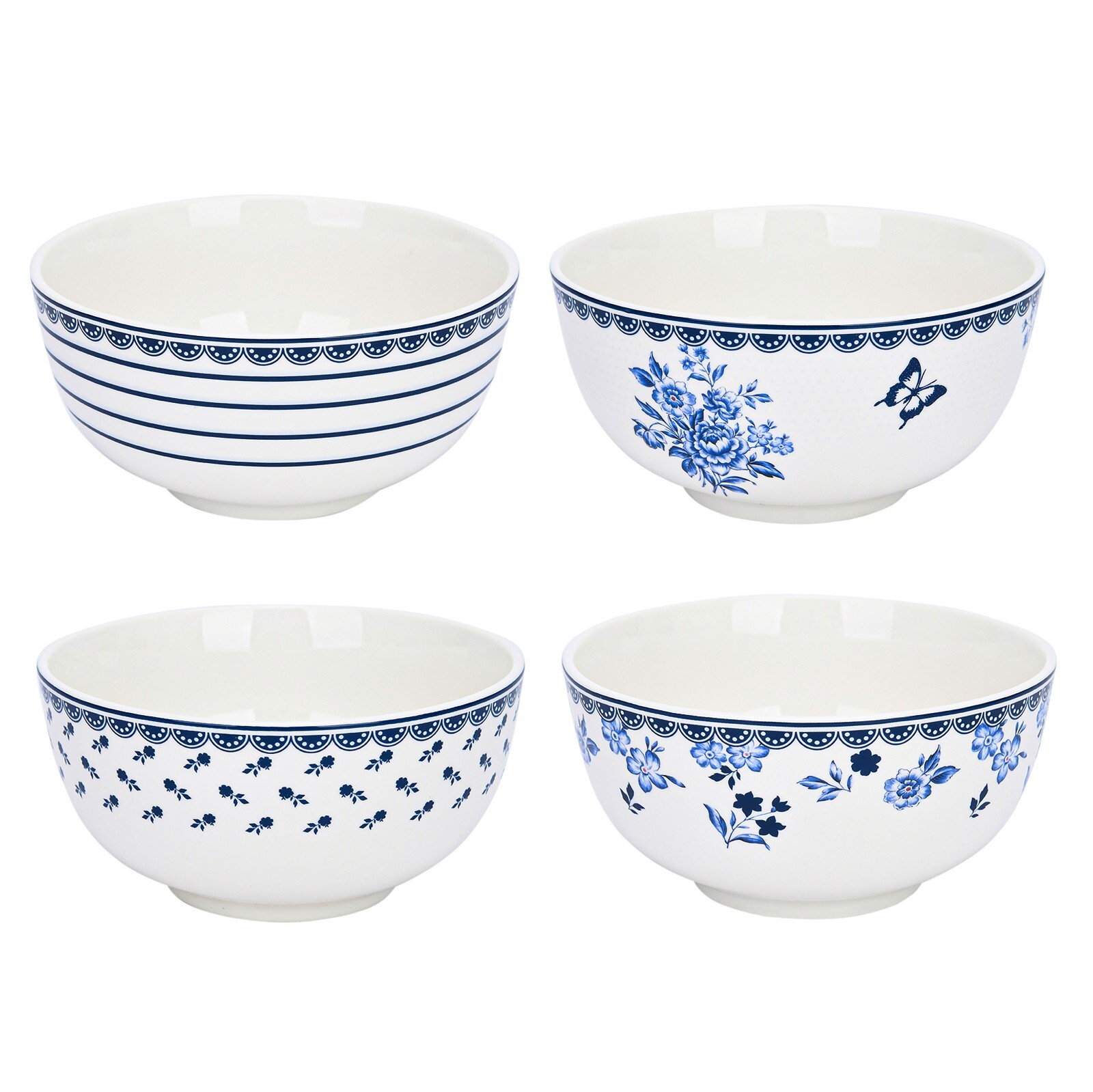 SET OF 4 Blue on White Porcelain Cereal Bowl Floral Mismatch Piala Set 21 oz ea