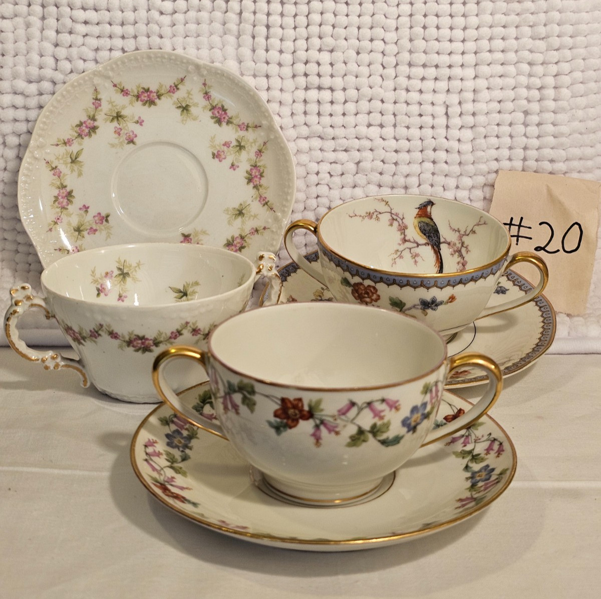 Bouillon cups w/ saucers, set of three, vintage, Haviland, T & V, CF Haviland