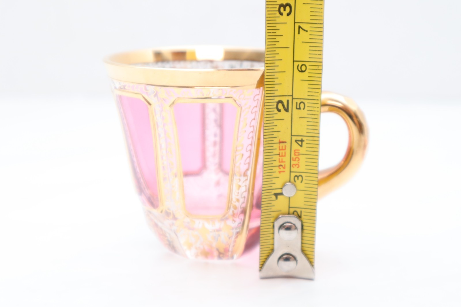Moser Bohemian Cabochon Pink & Gold Floral Demitasse Espresso Tea Cup & Saucer