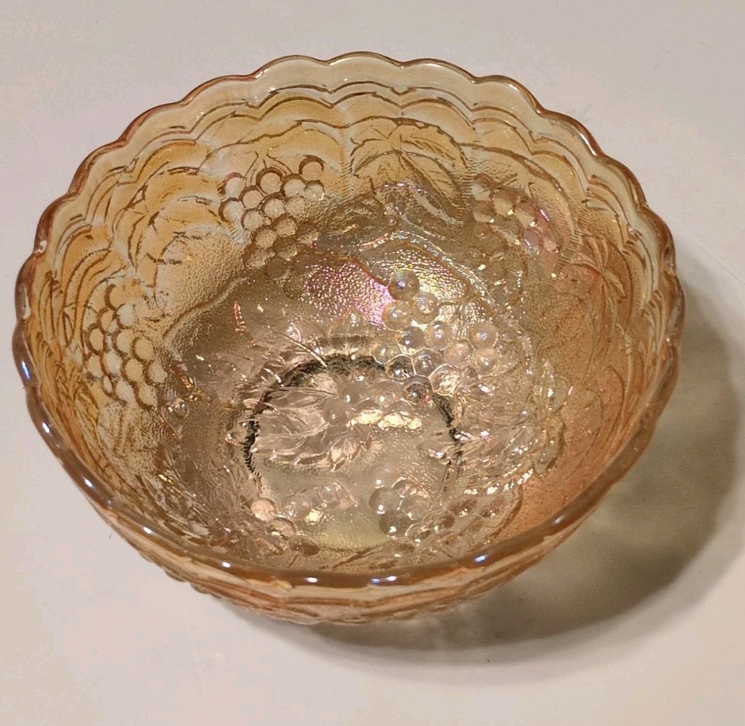 Amber Carnival Glass 5″ Bowl with Molded Grape Vines Design