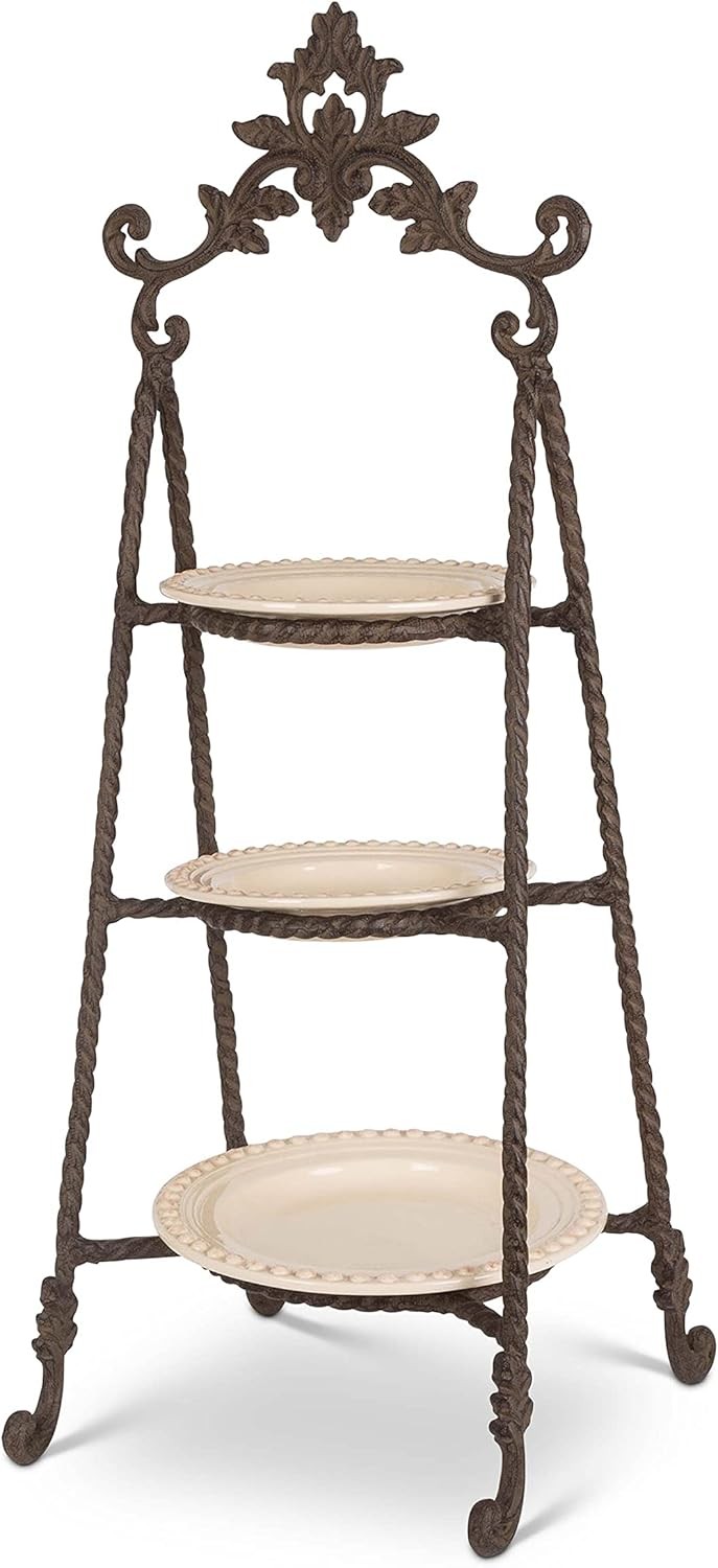 Metal Acanthus 3 Tier Server Rustic Kitchen Table Serving Stand Cream & Bronze