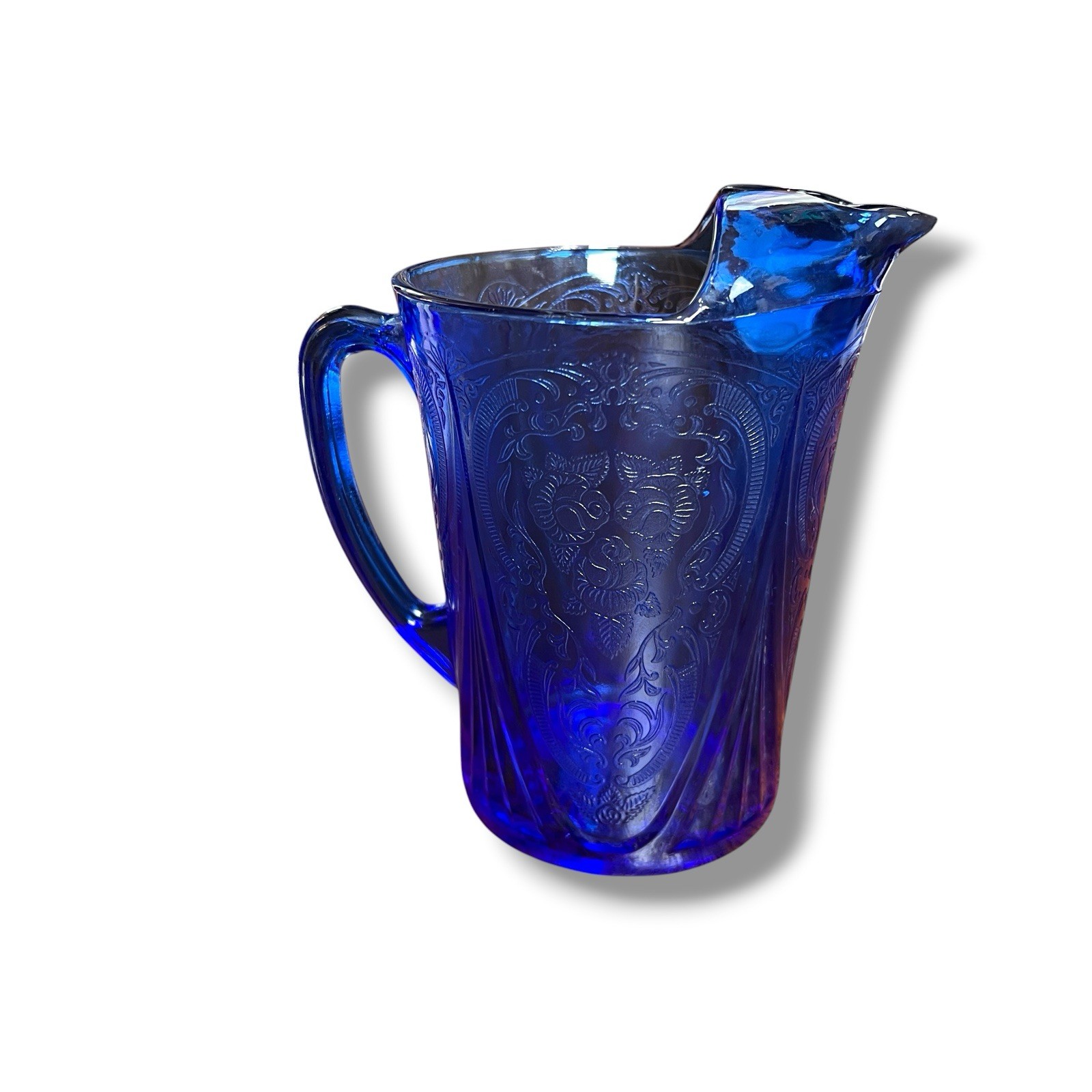 1930s Hazel Atlas Royal Lace Cobalt Blue Depression Glass Pitcher 7 1/2” Tall