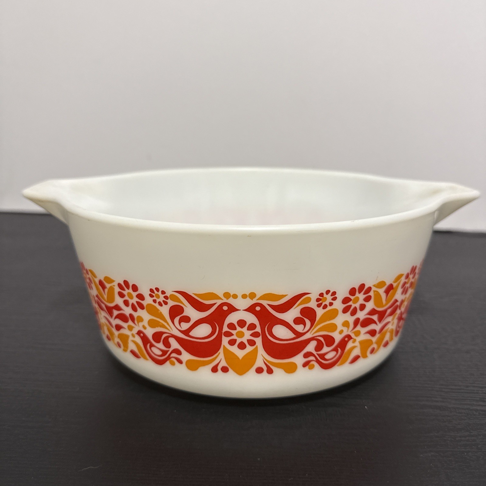 Vintage Pyrex Casserole Orange & Red Friendship Birds 475-B 2.5 Qt – No Lid