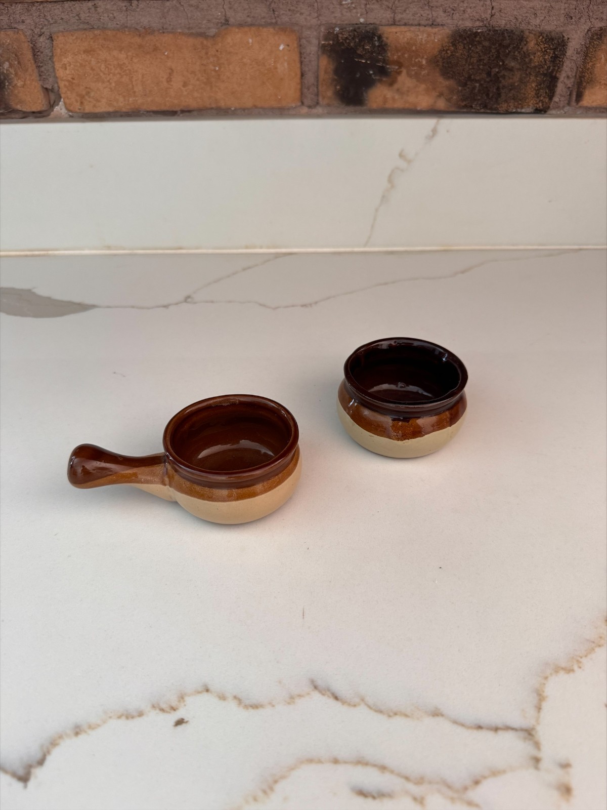 Vintage Mini Brown Drip Glaze Stoneware Bowls With Handle Crock Pot Style Set