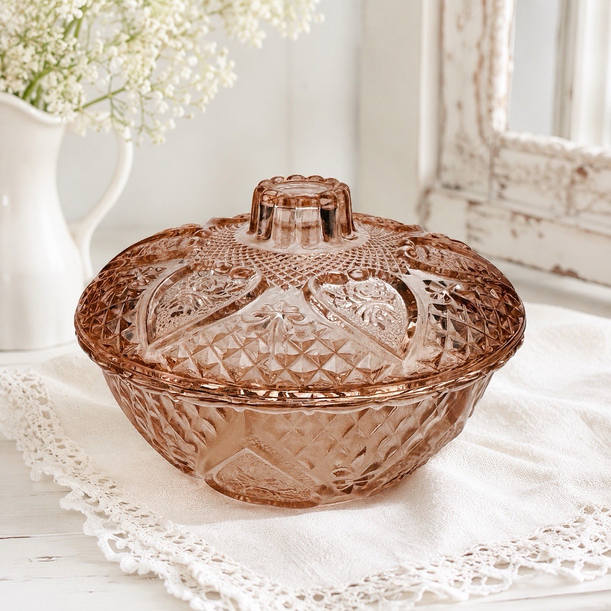 Vintage Covered Candy Dish Clear Pressed Glass Hearts and Roses